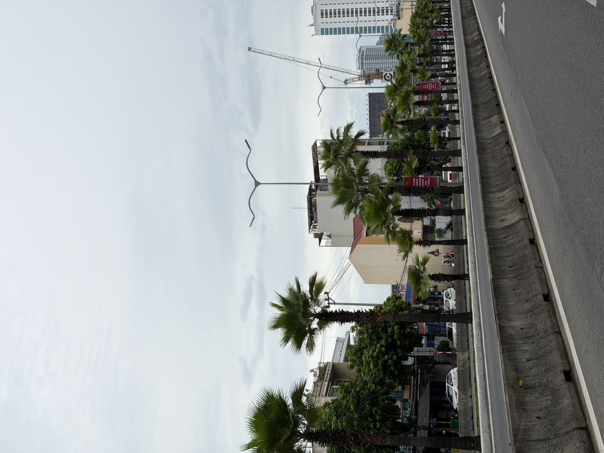 The image shows a street scene in Da Nang, Vietnam, with a prominent row of palm trees lining the median of a multi-lane road. The sky is overcast, with a dull gray cloud cover. In the background, several buildings of varying heights are visible, including a modern high-rise building and a building under construction with a large crane. Streetlights with distinctive curved designs are positioned along the road. Cars and motorcycles are present on the road, indicating ongoing traffic. The foreground features a concrete barrier separating the lanes of traffic and a section of asphalt road with lane markings. The overall impression is of a typical urban environment in a tropical or subtropical climate.