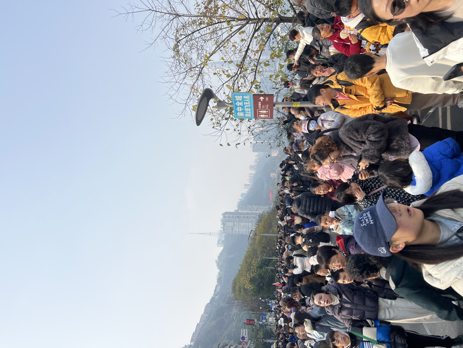 A dense crowd gathers outdoors. The people are standing on pavement, many looking towards the center of the image. Trees with bare branches are visible. Buildings and mountains are in the background, obscured by haze. A sign with a restroom icon stands among the crowd.