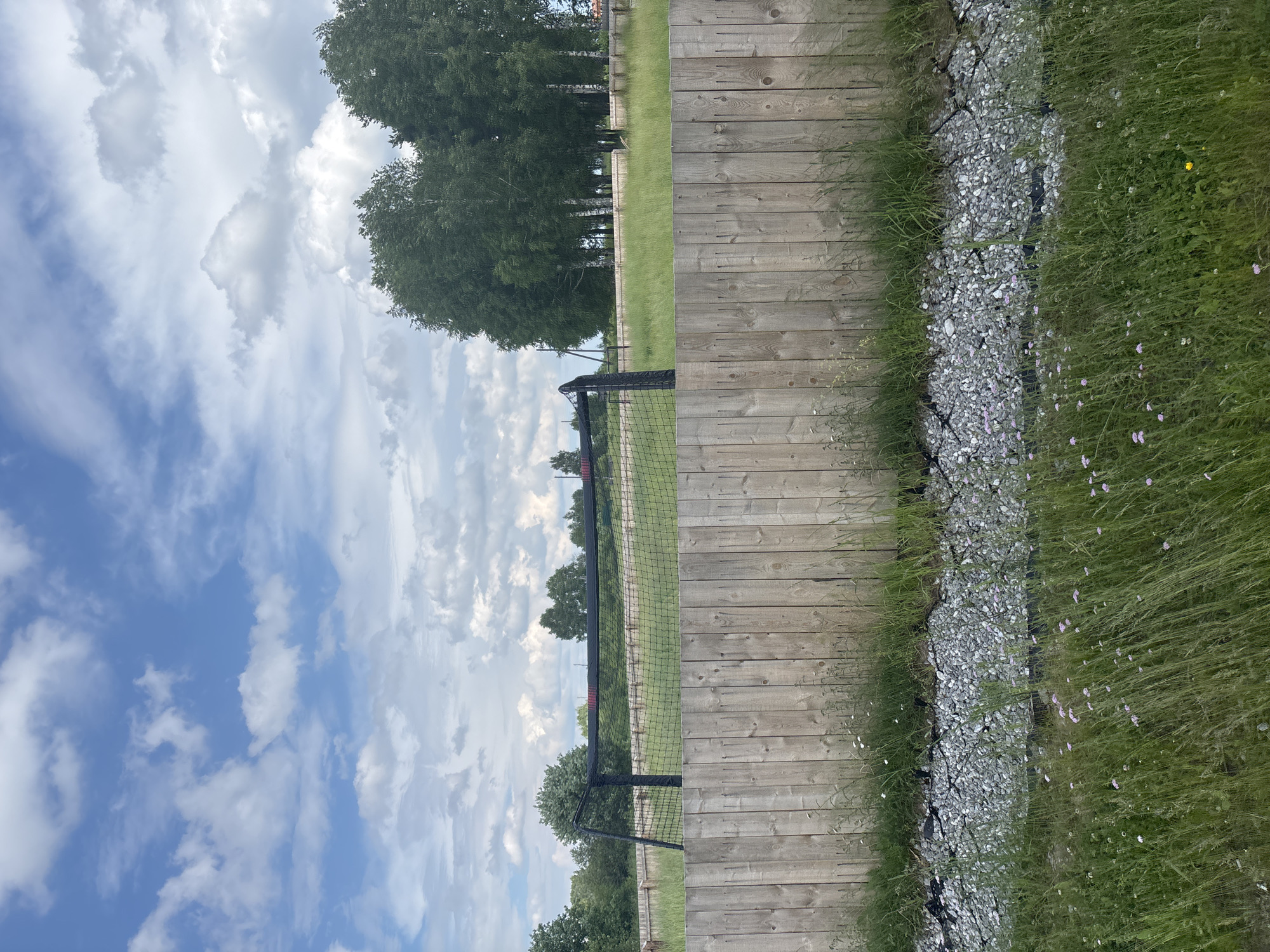The image depicts an outdoor scene with a wooden fence in the foreground, behind which is a soccer goal with a net. Beyond the goal, a grassy field stretches towards a line of trees, some of which appear to be birch trees due to their white trunks. The sky is partly cloudy with a mix of blue sky and white clouds. The area appears to be a recreational space, possibly a park or a field for sports. The environment suggests a temperate climate.