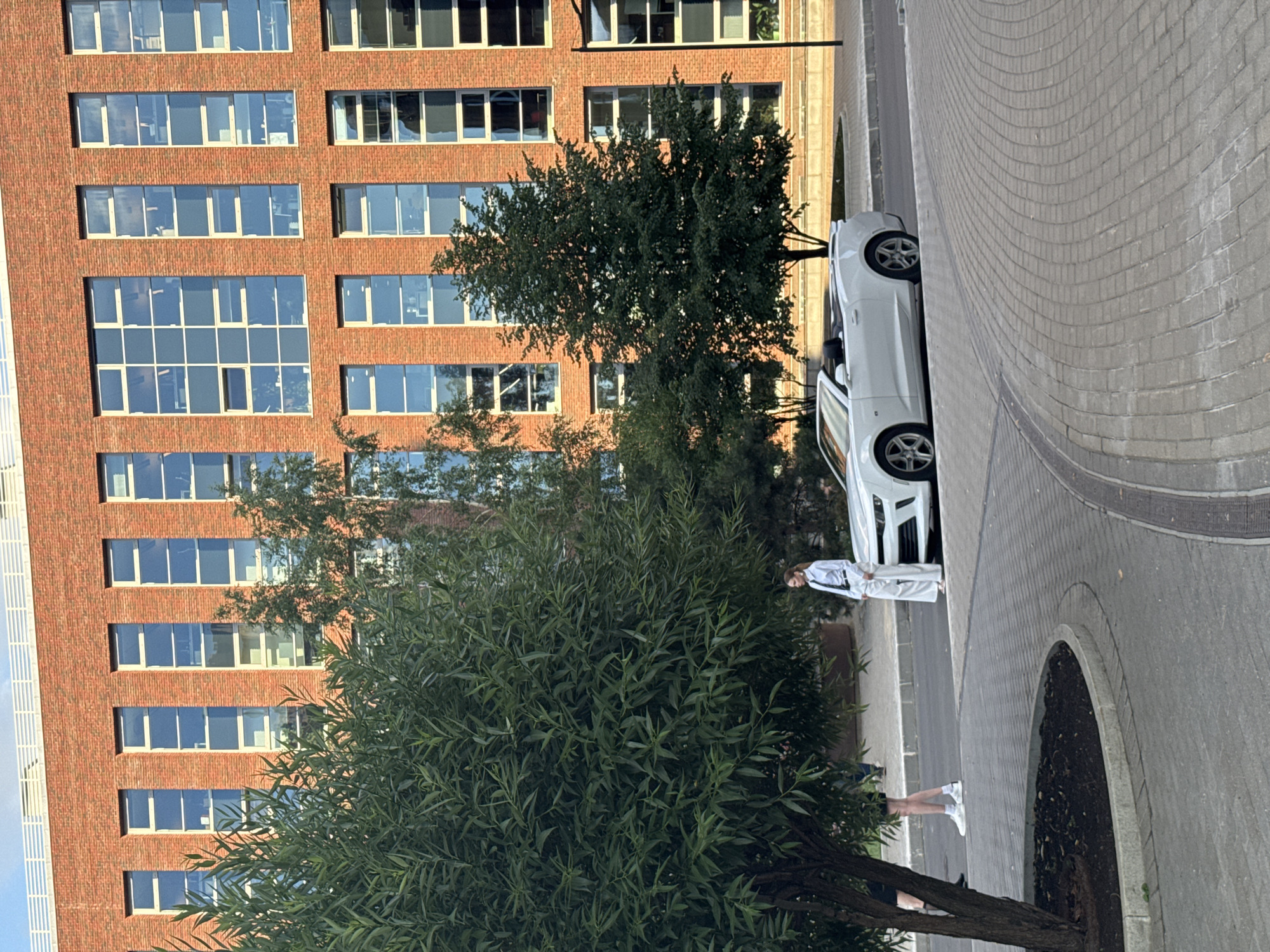 A full shot shows a white convertible parked on a paved area next to a brick building with many windows. A person in white clothes stands next to the car. Trees are in the foreground and in front of the building. The sky is visible above the building.
