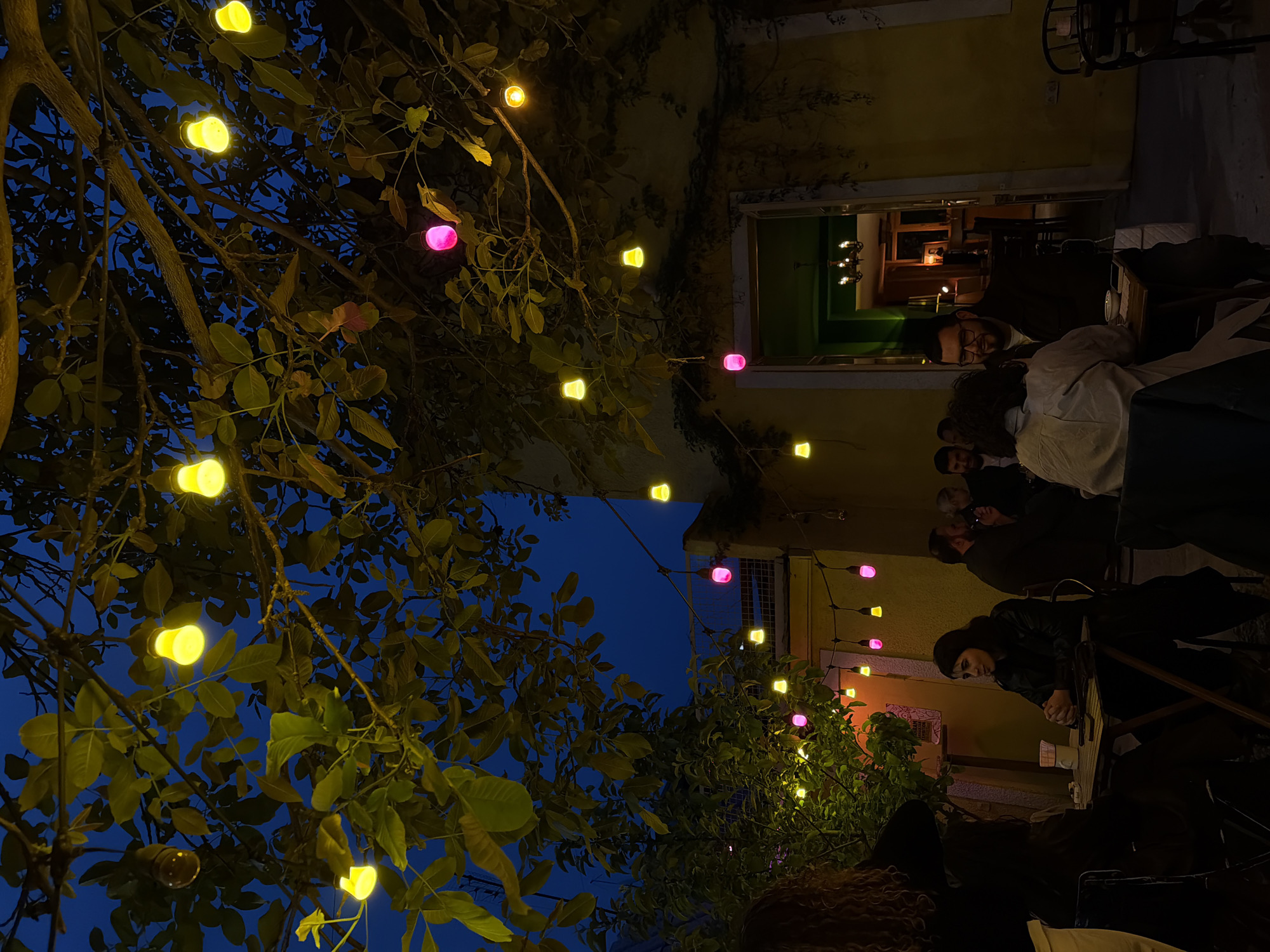 Captured in Yerevan, Armenia, the image portrays an outdoor dining scene at dusk. People sit at tables, engaging in conversation and activities such as eating or reading. Overhead, a string of lights, alternating between yellow and pink, illuminates the area, strung between trees. The building façade is painted in yellow with dark foliage climbing. There's a doorway with green walls.