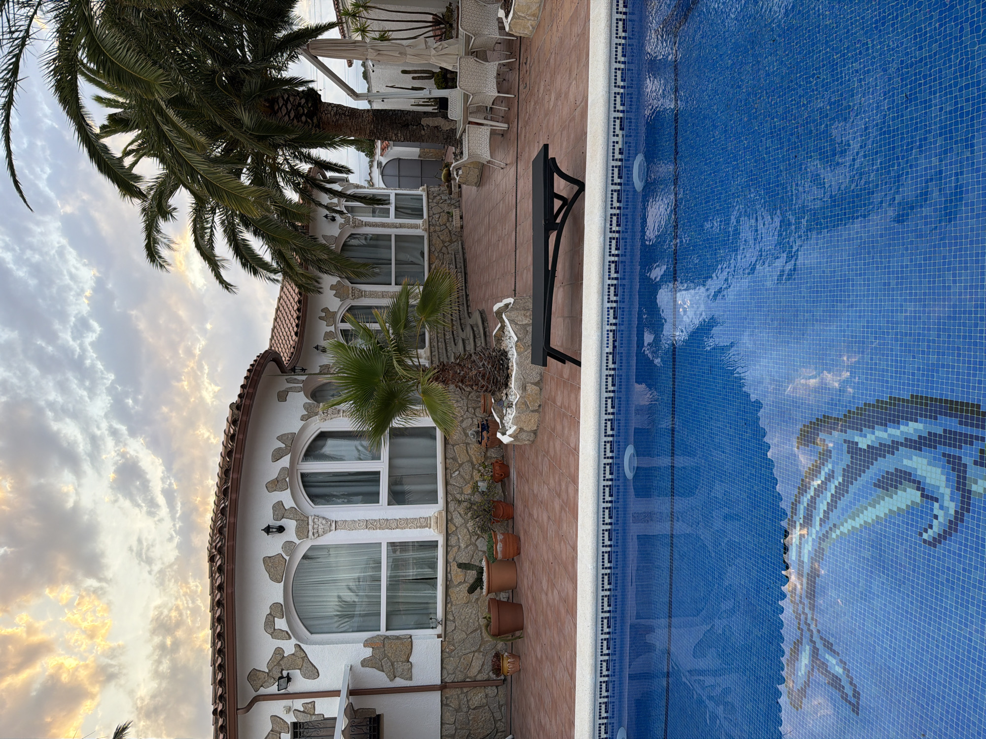 A patio area with a swimming pool is in the foreground. A house with white walls and arched windows is in the background. Palm trees are visible on the right side of the house. The sky is cloudy.