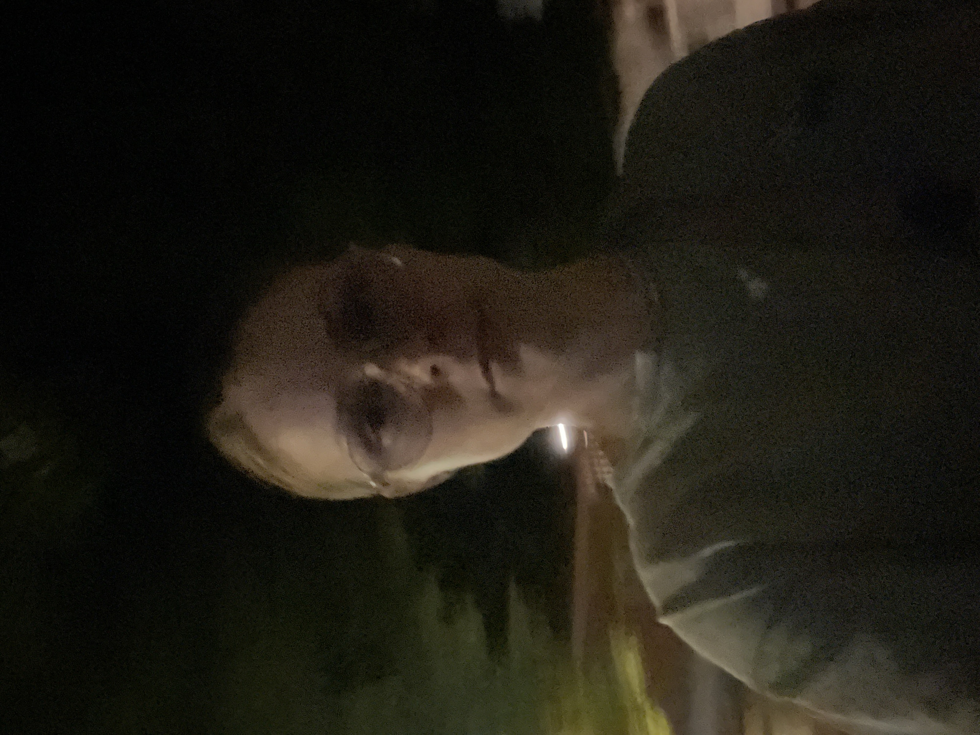 The image is a low-light, slightly blurred selfie of a person wearing sunglasses and a dark t-shirt. The background appears to be outdoors at night, with some blurry lights and foliage visible. The image quality is poor due to low lighting conditions, making it difficult to discern fine details. The person's face is partially obscured by the sunglasses, and their expression is neutral. The overall scene suggests an informal, candid moment captured in a dimly lit urban or suburban environment. There is no specific indication of the location within Saint-Vith, Belgium, beyond it being a plausible setting for such a scene.