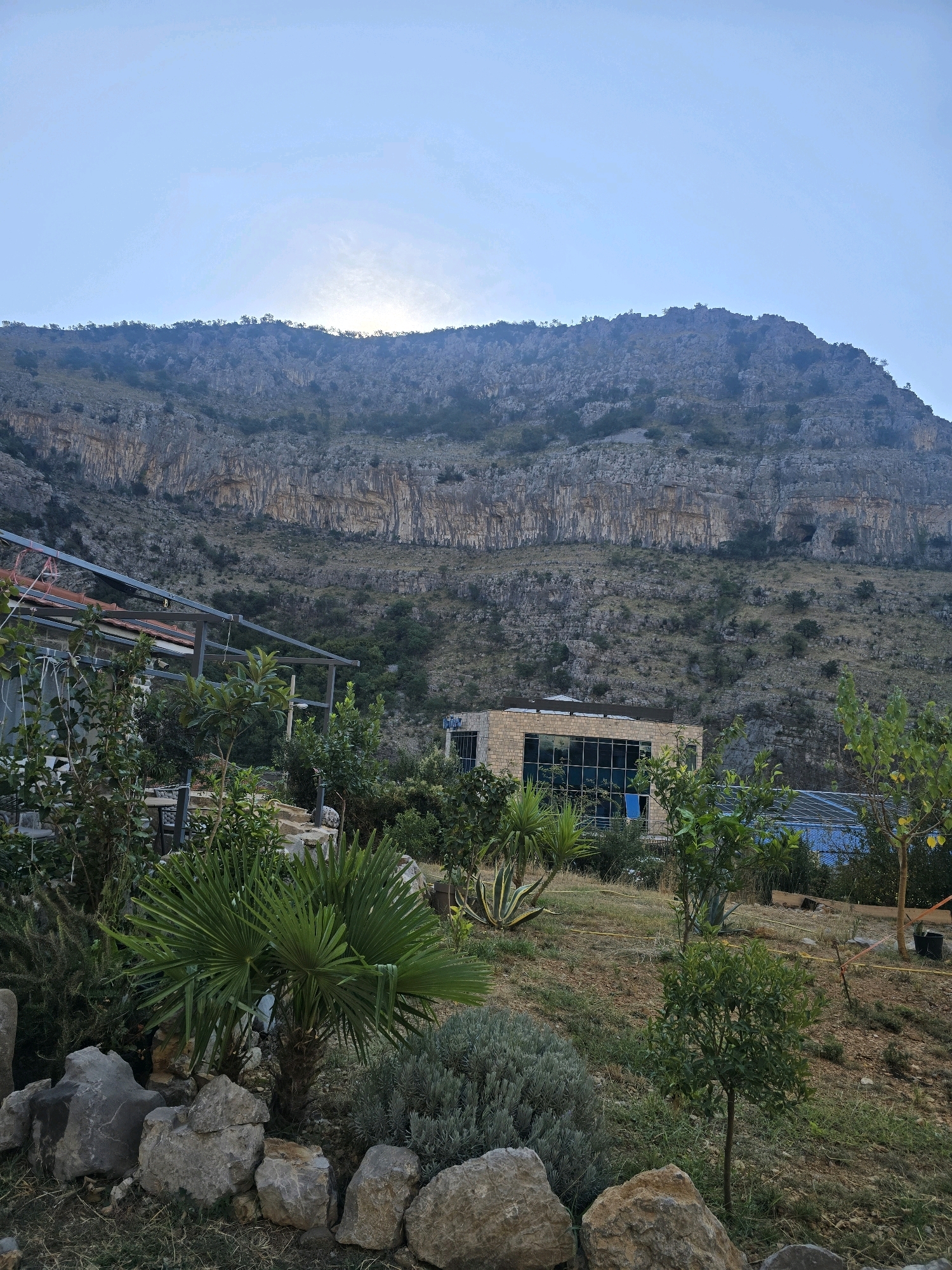 The image depicts a landscape view with a large rocky mountain as the backdrop. In the foreground, there is a garden area with various plants, including a fan palm, a small citrus tree, and shrubs. A building with a modern design, featuring large glass windows, is situated in the middle ground. Another structure, possibly a greenhouse or covered area, is visible to the right of the building. The overall setting appears to be rural, possibly on the outskirts of a city. The sky is bright with the sun partially obscured by clouds. The location is identified as Podgorica, Montenegro.