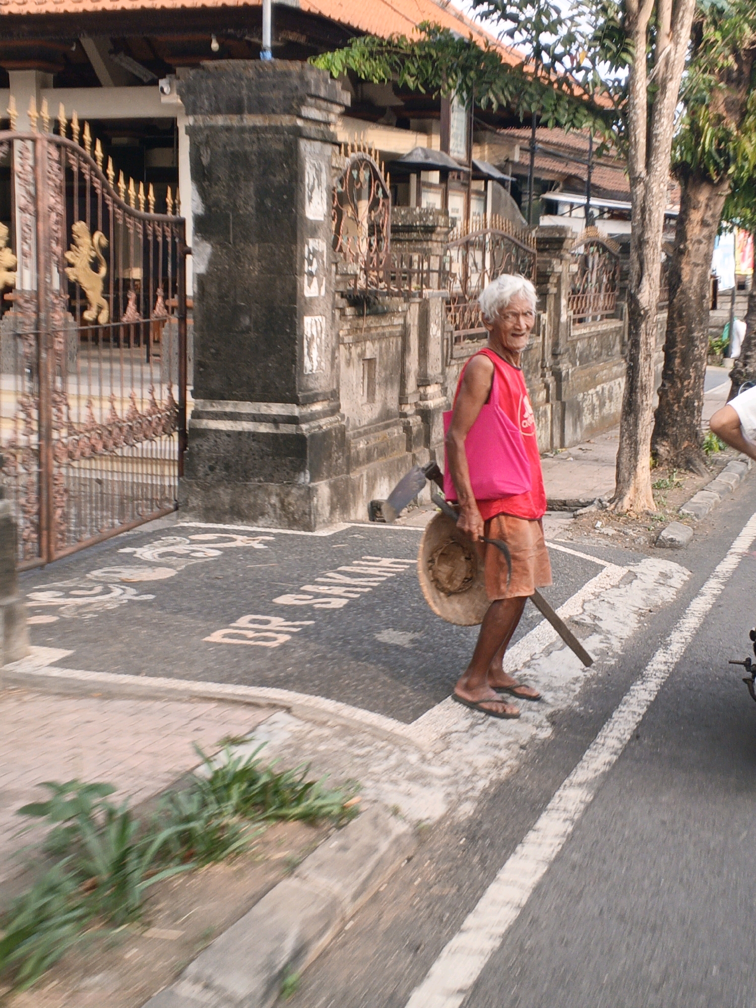 In Sukawati, Indonesia, an elderly man with white hair, wearing a bright pink tank top and brown shorts, walks with a stooped posture on a paved street. He carries a straw hat in his left hand and a sickle in his right, with a spade resting on his shoulder. He is walking past a decorative metal gate and a stone wall, with trees and buildings visible in the background. The man is walking on the road, which has white lane markings and a concrete curb. The scene appears to be during daylight hours.