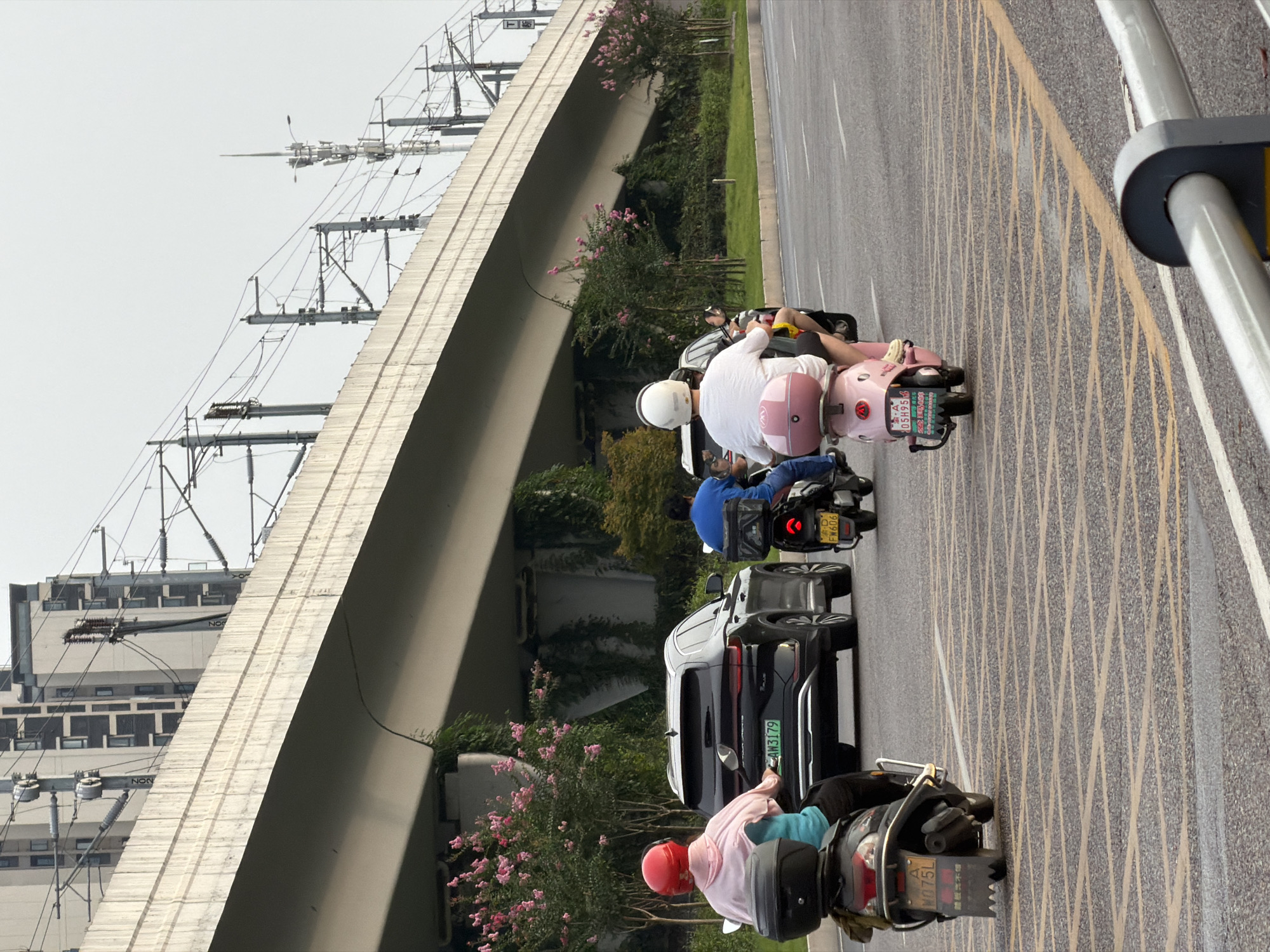 In Jiangjin, China, a scene unfolds on a paved road beneath an elevated highway structure. The road is marked with yellow and white stripes, indicating lanes and intersections. Several individuals are riding on scooters and motorcycles, some of whom are wearing helmets. A black SUV is also visible on the road. The background features lush green vegetation and trees, with pink flowers adding a splash of color to the environment. Overhead, a network of power lines and poles stretches across the sky, suggesting the presence of a railway line or other infrastructure. The sky is overcast, indicating a cloudy day.