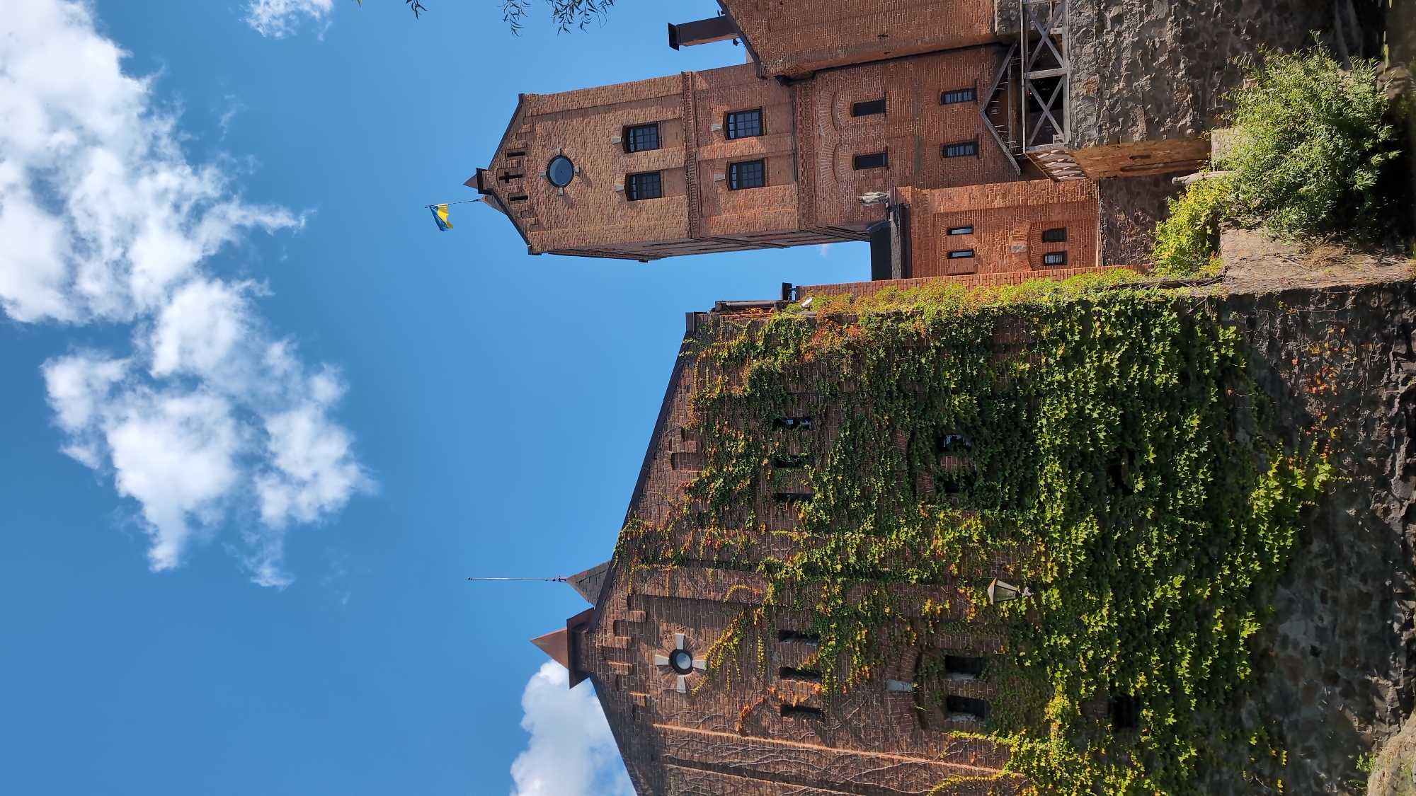 The image captures the historic Radomysl Castle, located in Radomyshl, Ukraine. The castle is constructed of red brick and is partially covered in lush green ivy. A tall, narrow tower stands prominently on the right side of the frame, topped with the Ukrainian flag. The sky above is a vibrant blue, dotted with scattered white clouds. The castle grounds appear to be situated near a body of water, with some vegetation visible at the bottom of the frame. The architecture suggests a historical building, possibly with defensive or industrial origins, given the thick brick walls and the prominent tower. The scene is tranquil and bathed in natural light, suggesting a daytime setting.