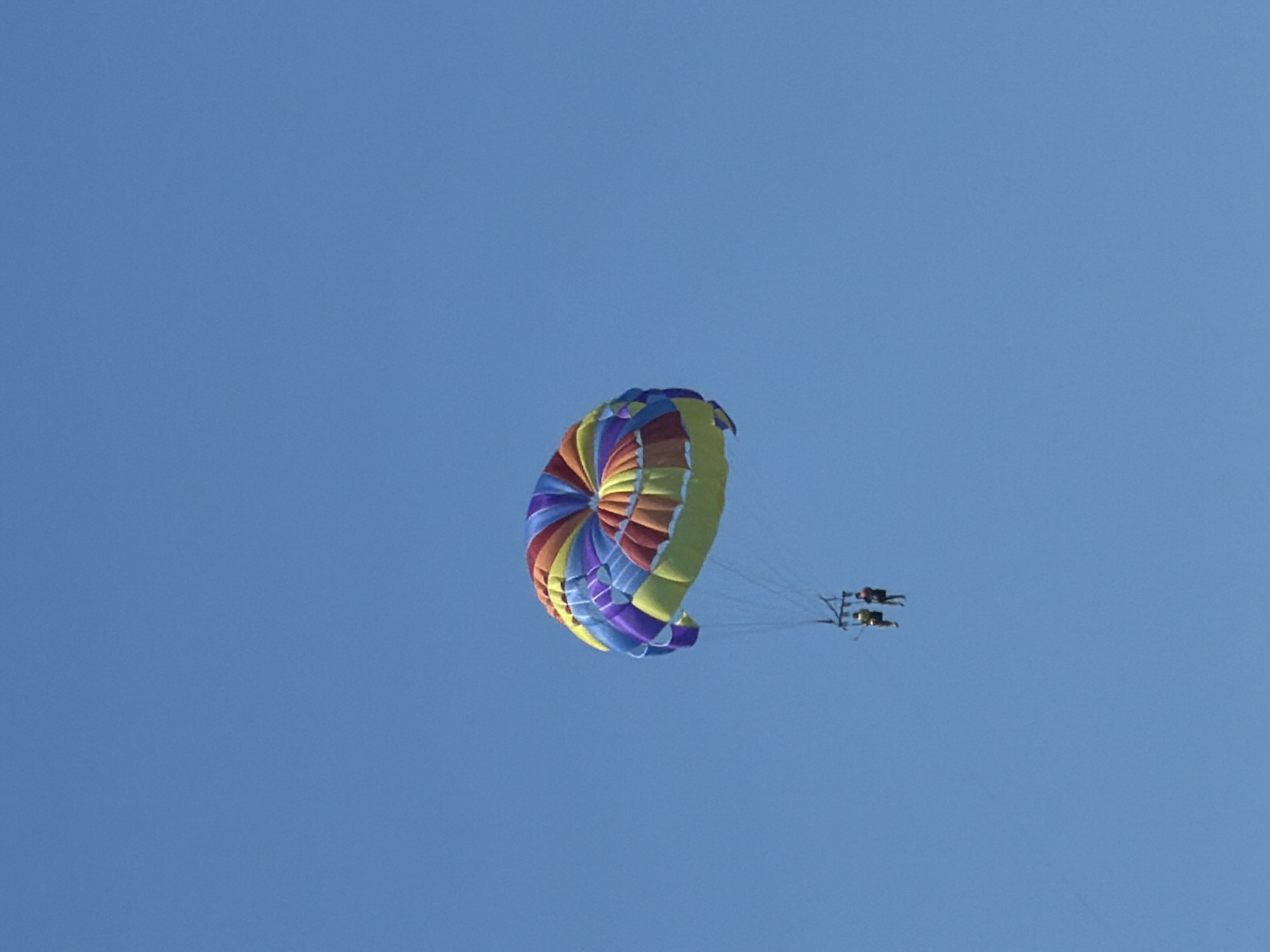 This image shows a colorful parachute with two people parasailing against a clear blue sky. The parachute is a vibrant mix of yellow, red, purple, and blue segments arranged in a circular pattern. Below the parachute, two individuals are suspended from a harness, appearing to be enjoying the activity. The vast expanse of the sky suggests an outdoor, possibly coastal, environment. The image does not contain any recognizable landmarks or features that would specifically place the scene in Sochi, Russia.