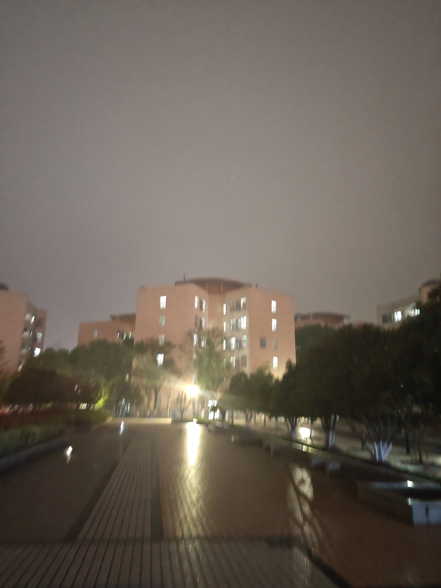 Night scene in Jiangning District, China. The image shows a wet, paved walkway reflecting light, leading towards several multi-story buildings with illuminated windows. Trees line the walkway. The sky is overcast. No people are visible.