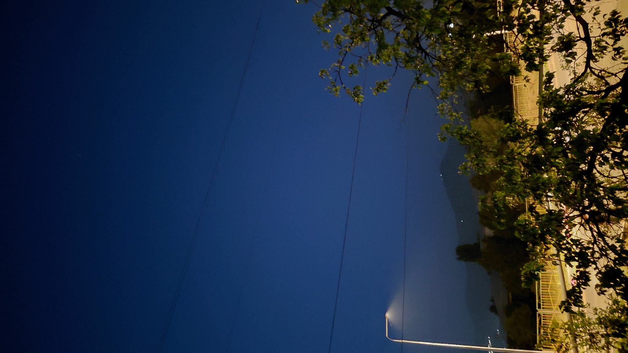 This is a nighttime, vertical, eye-level outdoor photograph taken in Abovyan, Armenia. The sky is a deep, dark blue, with two faint power lines stretching horizontally across it. In the lower left quadrant, a white street lamp with a lit bulb casts a soft glow. Further in the background, hazy mountains rise against the dark sky. A yellow railing runs horizontally across the middle ground, separating the street lamp from the foreground. In the foreground, lush green trees with dark branches fill the lower portion of the image, with some leaves illuminated by unseen light sources. The overall scene conveys a quiet, serene, nighttime atmosphere.