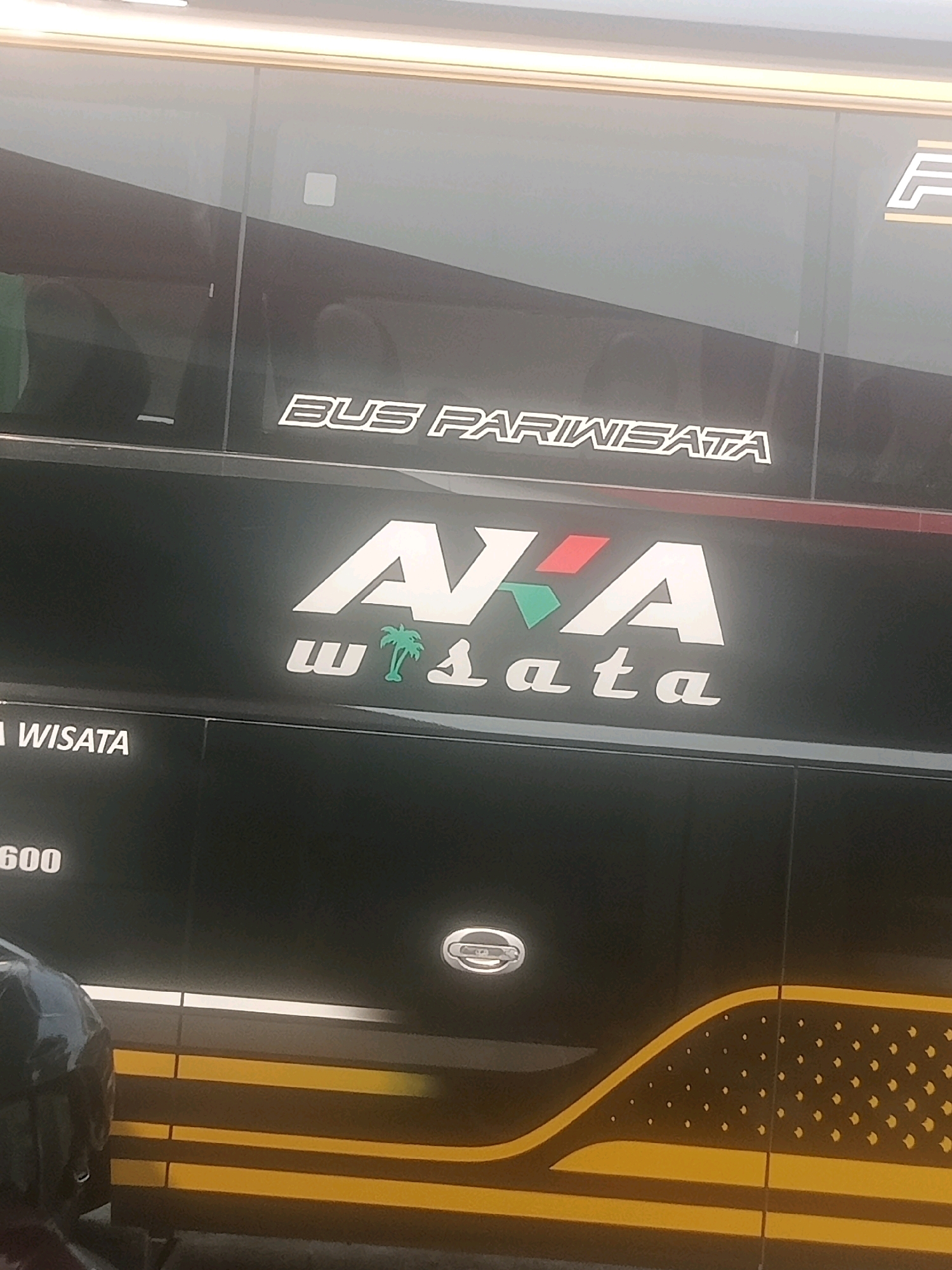 The image displays the side of a black bus with "BUS PARIWISATA" written in white lettering at the top. Below this, a stylized logo features large white letters "N.I.A." with a red and green triangular shape integrated into the "A". Underneath the logo, "wisata" is written in white script, with a small green palm tree icon above the "t". To the left of the logo, partially obscured, is the text "A WISATA" in white, and below that, "600". The lower portion of the bus is black with a yellow decorative stripe design. The image is taken outdoors, possibly in a bus terminal or parking area, with some evidence of lighting and reflections on the bus. No people are clearly visible, though a dark object, possibly a vehicle or luggage, is partially seen in the lower left corner. The context of Lebaksiu, Indonesia is provided as the location, suggesting this bus is operating in that region.