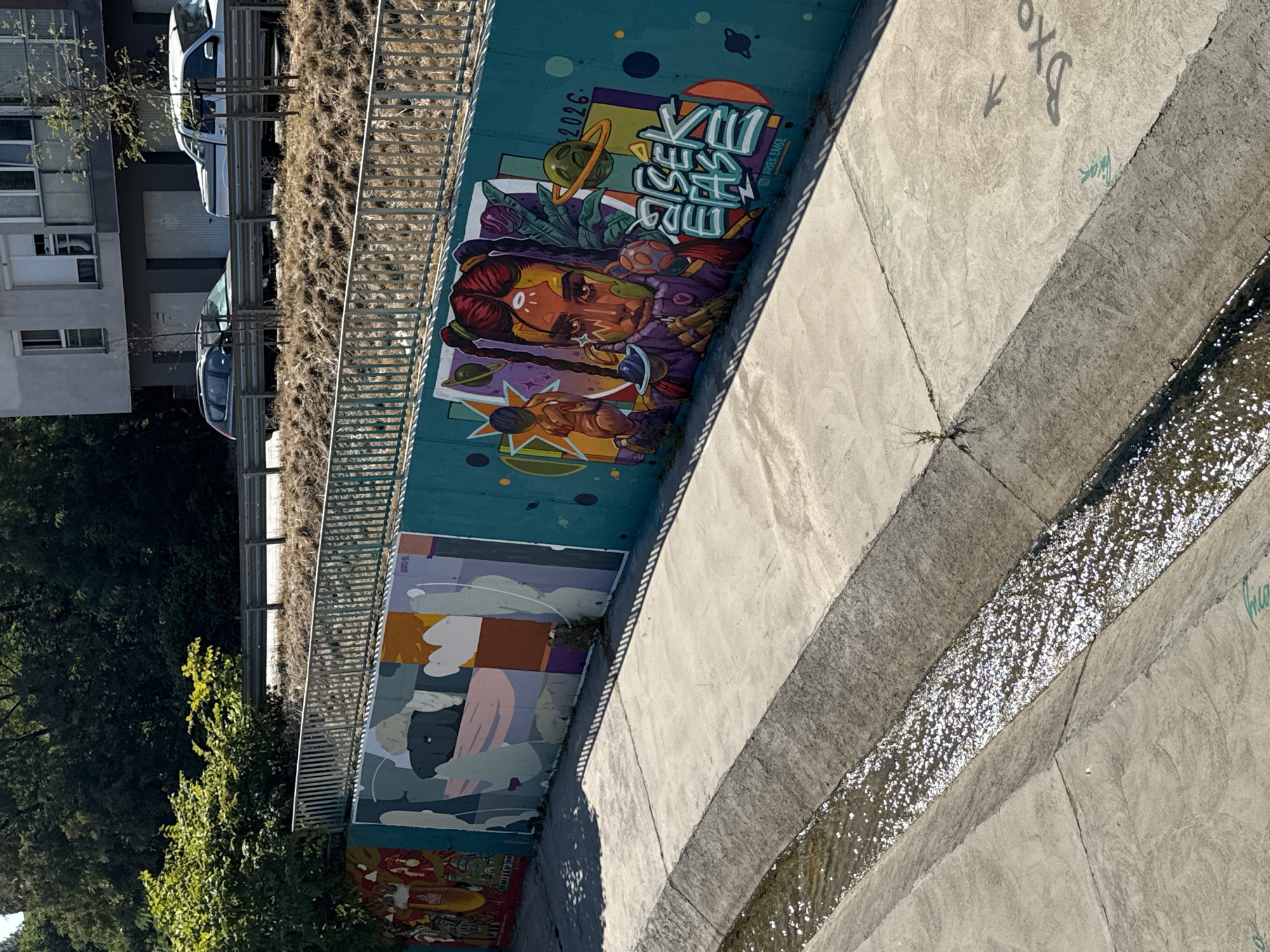The image depicts a section of a concrete channel in Sofia, Bulgaria, likely a storm drain or canalization system. The channel is open at the top, with a shallow stream of water flowing through it, reflecting the sunlight. Along one side of the channel is a concrete wall adorned with vibrant graffiti art.
The graffiti covers a significant portion of the wall. On the right side of the wall, there is a large, colorful mural featuring a stylized portrait of a woman with braided hair and cosmic elements like planets and stars. Text that appears to read "ASEK EASE" is prominently displayed in graffiti font. To the left of this mural, there are other graffiti sections with abstract shapes and figures, rendered in a more muted color palette. The wall extends further to the left, with more graffiti visible, though less detailed in this particular frame.
Above the graffiti wall, a metal railing separates it from a dry, grassy embankment. Beyond the embankment, a road is visible with cars parked or driving, including a dark-colored SUV and a white pickup truck. In the background, a modern residential building with multiple stories and balconies is situated. Trees and foliage are visible on the far left and behind the embankment, suggesting a semi-urban or suburban environment within Sofia. The overall scene is captured on a bright, sunny day, indicated by the strong shadows cast by the railing and the sunlit water in the channel.