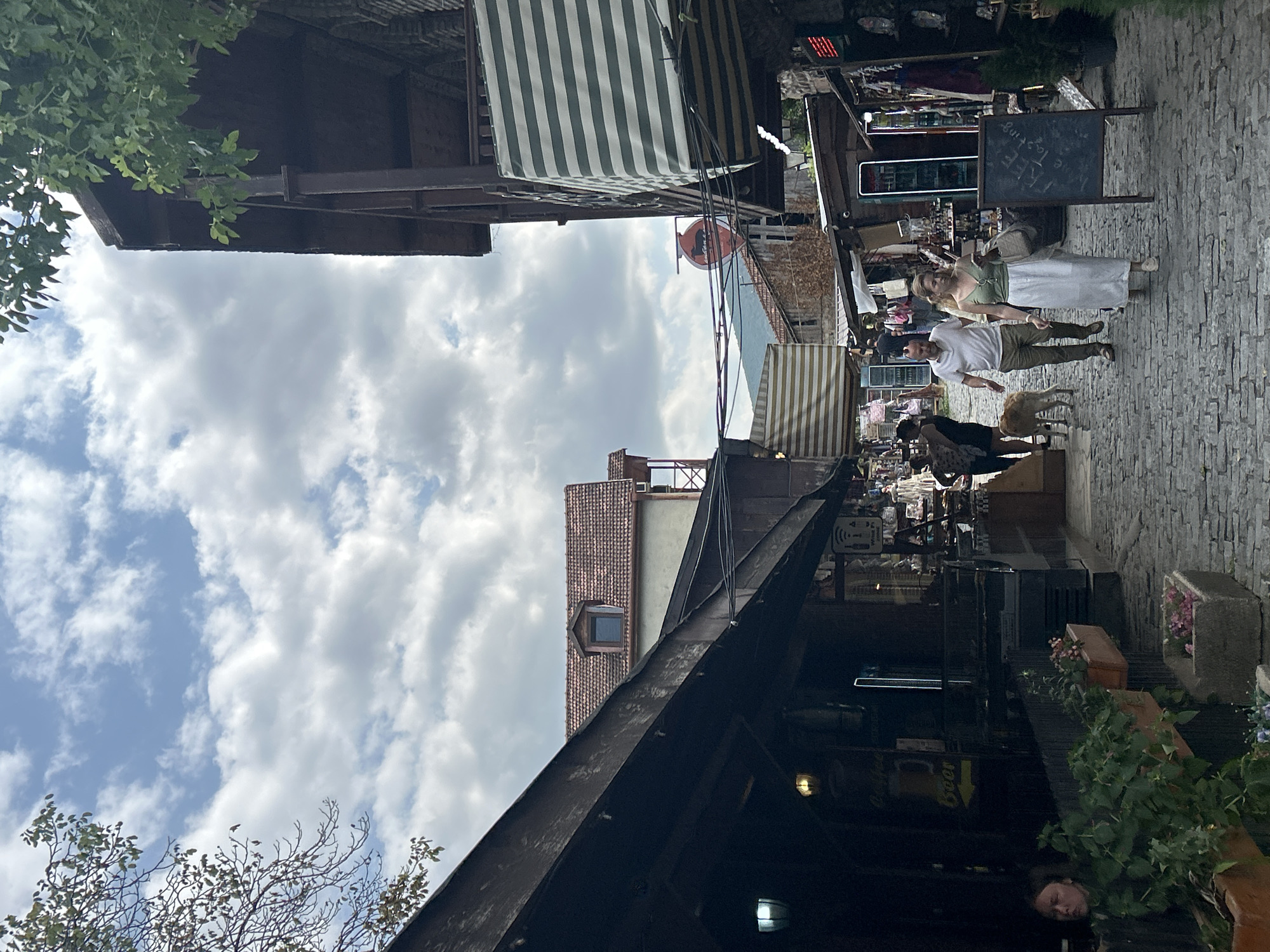This is a vertical, eye-level, outdoor shot of a cobblestone street in the historic center of Mtskheta, Georgia, with a cloudy sky overhead. The street is lined with traditional stone and wooden buildings, some with upper-level balconies and awnings. Several shops are visible, selling various goods. In the foreground, a couple walks down the street, the woman holding a phone and the man with his hand raised. A dog walks ahead of them. Another woman is seated at a table on the left. In the background, more people are seen browsing shops, and mountains are visible in the distance. The overall atmosphere suggests a busy, yet charming, tourist destination.