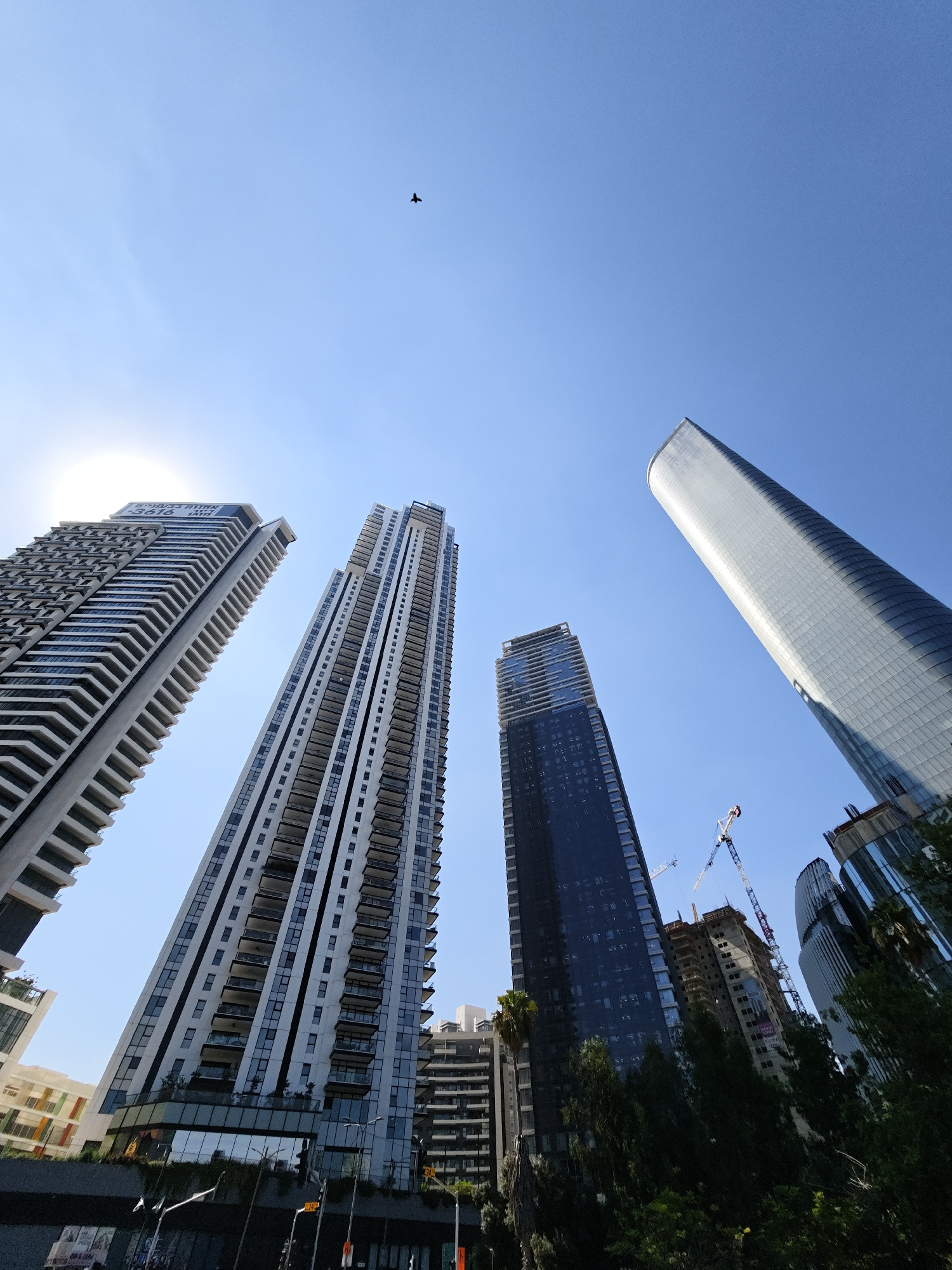 A low-angle shot captures a clear blue sky above several modern skyscrapers in Givatayim, Israel. In the upper portion of the frame, a single bird is visible flying in the distance. The sun is partially obscured by the tallest building on the left, casting a lens flare. The buildings are diverse in design, featuring glass facades, balconies, and varied geometric patterns. Several construction cranes are present, indicating ongoing development in the area. Green trees and foliage are visible at the base of some structures. The overall scene depicts a contemporary urban landscape under a bright sky.