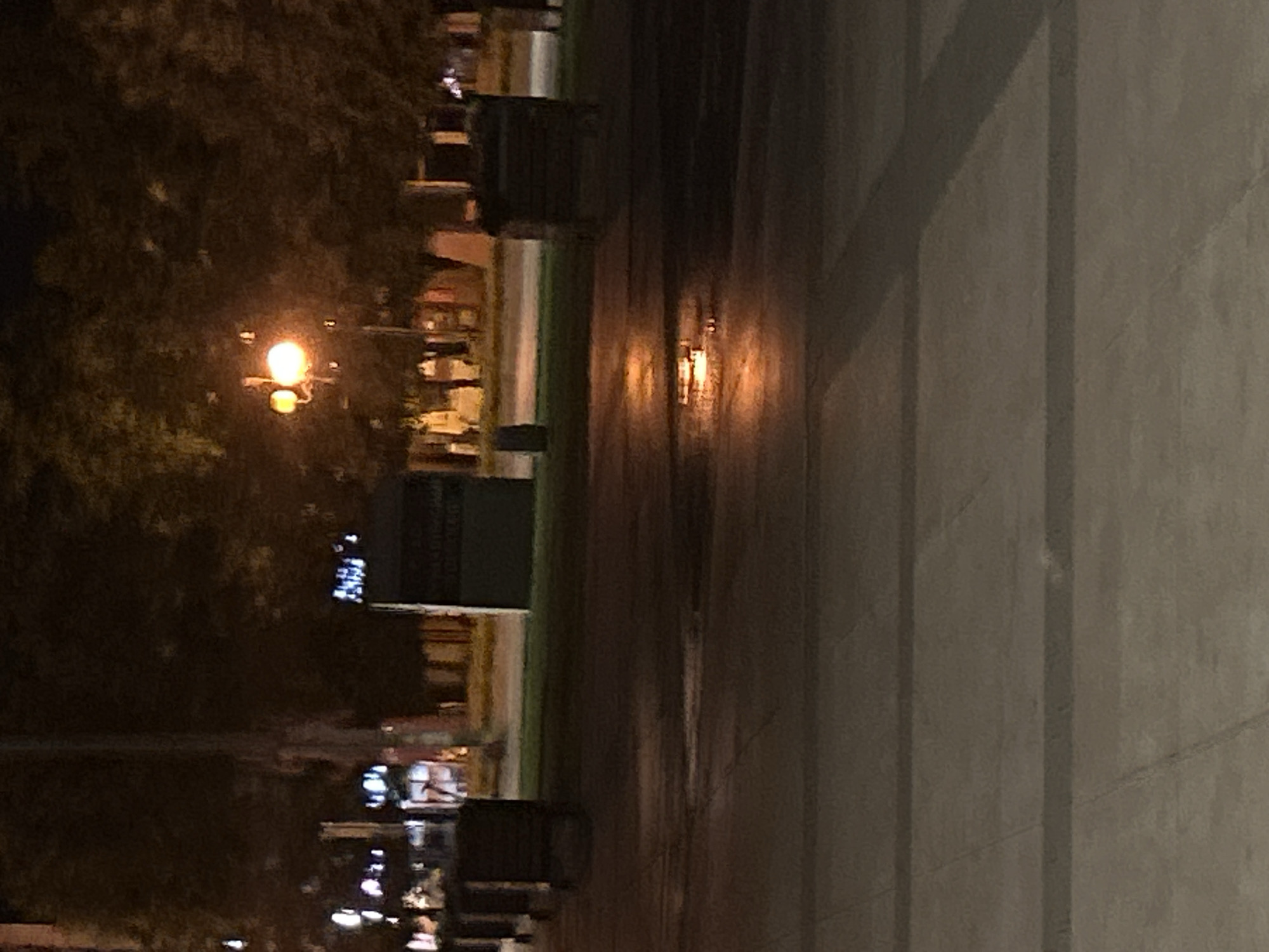 A night photograph captures a street scene in Siedlce, Poland, likely near the intersection of Piłsudskiego Street and Sienkiewicza Street, as indicated by the memorial plaque visible in the background which is commonly located in this area. The image depicts a wet asphalt road reflecting the warm glow of a street lamp with two bulbs. Adjacent to the road is a patch of green grass, and beyond that, trees with dark foliage. Several dark, rectangular objects, possibly planters or benches, are positioned along the grassy area. In the background, a tall, thin, dark pole stands prominently, possibly a lamppost or utility pole. The overall atmosphere is dimly lit, characteristic of nighttime in an urban environment.