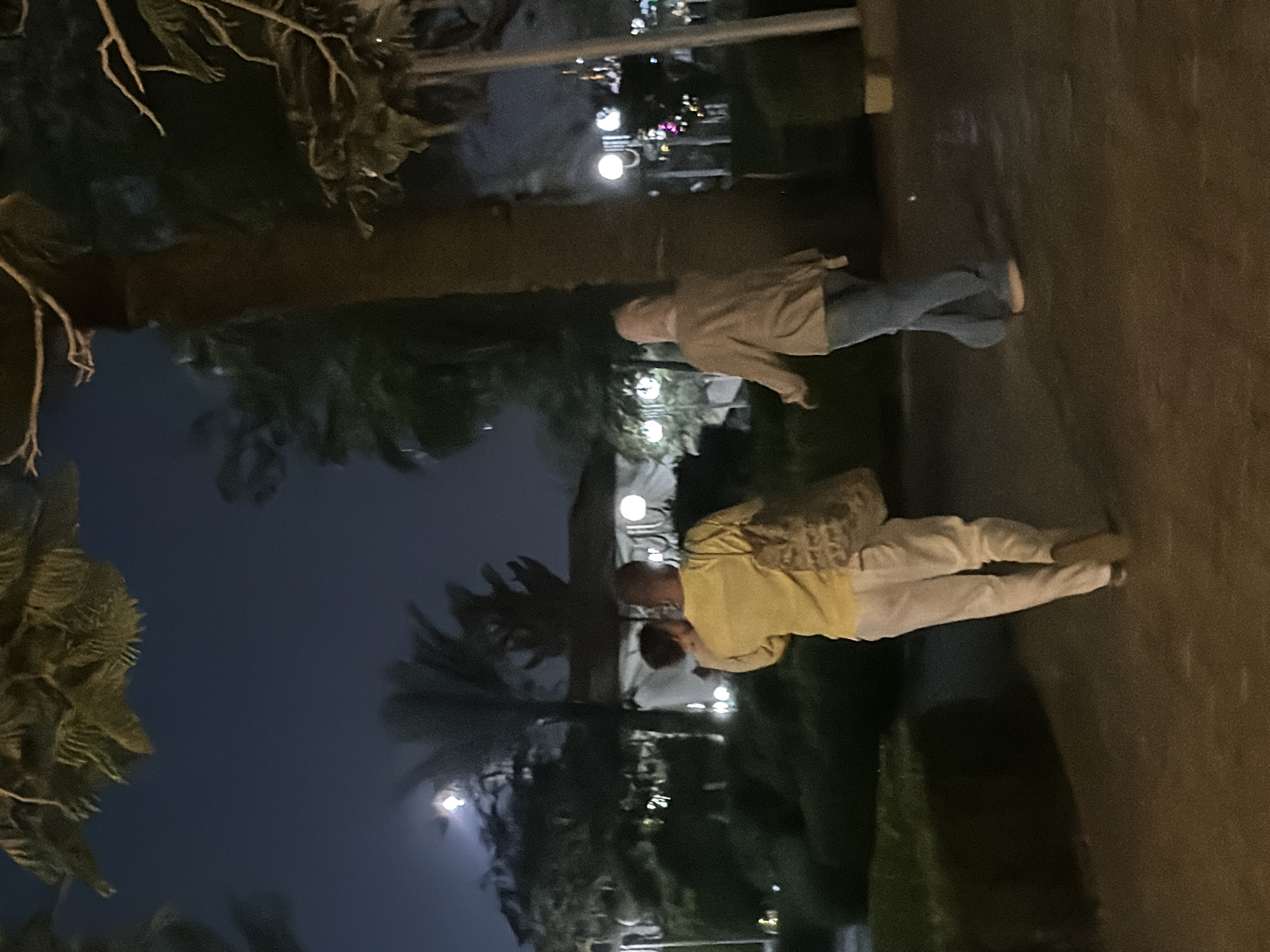 The image depicts a nighttime scene in a park-like setting, possibly in the city of 6th of October, Egypt, given the presence of palm trees and what appears to be a clear night sky with a visible moon. In the foreground, a person wearing a yellow shirt and white pants walks away from the camera, carrying a child. To the right, another person in a light-colored jacket and blue pants, wearing a headscarf, walks in the same direction. The background shows some illuminated structures, likely buildings or gazebos, with decorative lights. The overall atmosphere is serene, with the dim lighting suggesting it is late evening or night.