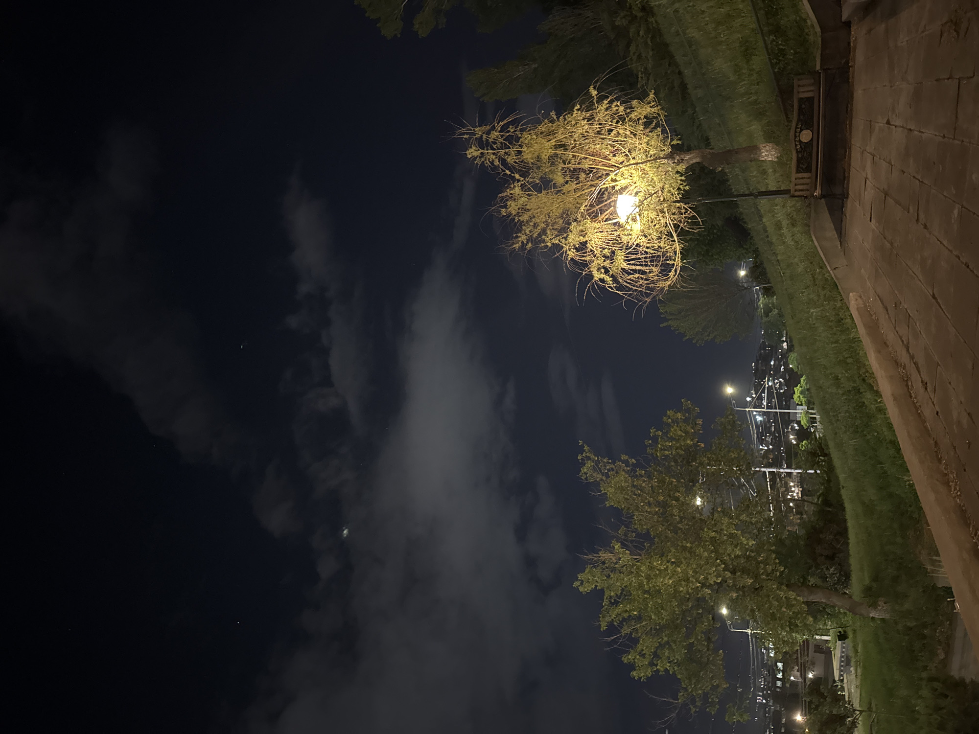 The image depicts a night scene in Yerevan, Armenia. The lower portion of the frame features a walkway or sidewalk constructed from rectangular paving stones. Alongside the walkway is a patch of green grass. A tree stands illuminated by a street lamp, which is attached to a bench with a backrest. In the background, lights from the city are visible. The sky is dark, with some clouds. There are some visible stars.