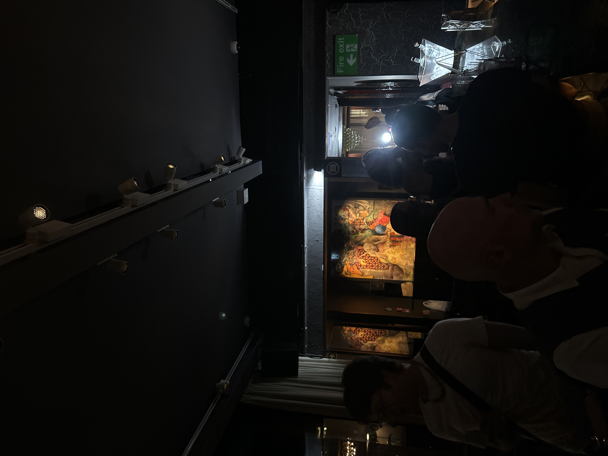 The image depicts a dimly lit indoor public space, likely an exhibition hall, bar, or museum, with a dark and atmospheric ambiance. The walls are dark, and the primary illumination comes from multiple spotlights mounted on a track system along a wall.
Several individuals are present, gathered and looking towards brightly lit display cases or machines on the right side of the frame. These displays feature intricate, colorful artwork or game elements, possibly resembling vintage Pachinko machines or similar illuminated exhibits. In the immediate foreground, a person with dark hair, wearing a light-colored top and a shoulder strap, is visible from the back, intently observing the displays. Another person with a bald head and a collared shirt is also partially visible among the spectators. Most faces are obscured due to the low light and viewing angles.
Visible details include a green "Fire exit" sign with a running person symbol and an arrow pointing left, indicating an exit. Below this, a "no smoking" symbol is also present. A security camera (CCTV) is mounted high on a wall. Through an opening or doorway in the background, a faint glimpse of a chandelier suggests a more ornate area beyond. The scene takes place at night or in the evening, given the reliance on artificial lighting. The overall impression is one of quiet observation and engagement with the exhibits, consistent with a cultural or entertainment venue in an urban setting like London.