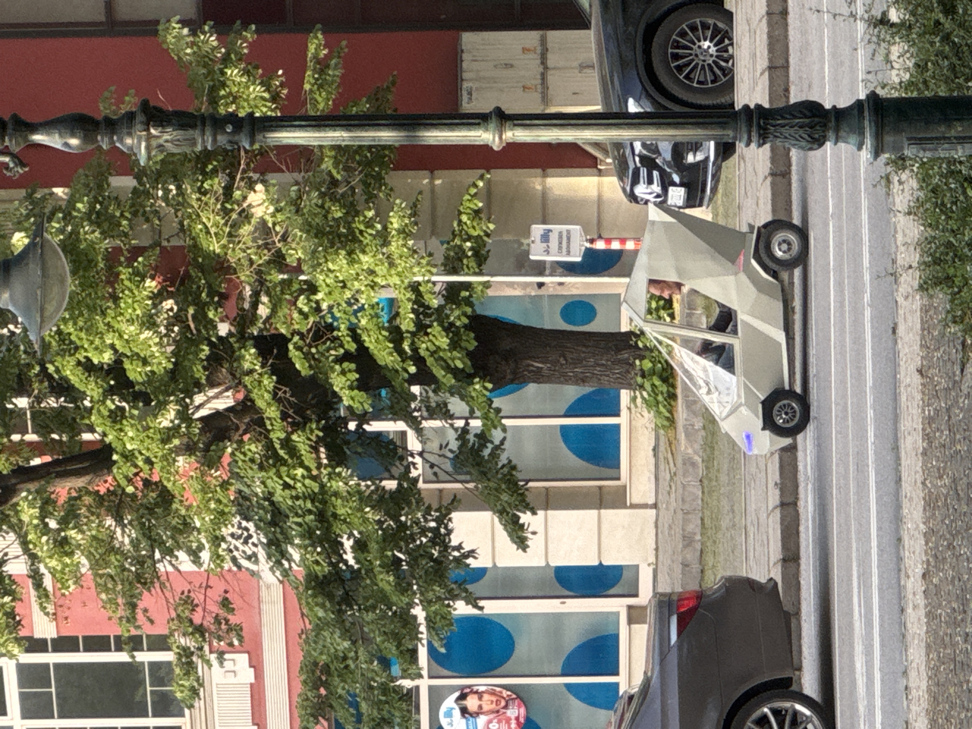A street scene in Plovdiv, Bulgaria, includes a street lamp, a tree, buildings, and vehicles. A white vehicle with a distinctive geometric design is on the street. Behind it, a gray car is parked on the right-hand side of the street. A black car is parked on the left. A building with windows and blue circular designs is visible in the background, as is another building with a red facade. A street lamp with ornate details is positioned on the left side of the frame, partially obscured by the tree. A street sign is visible behind the white car.