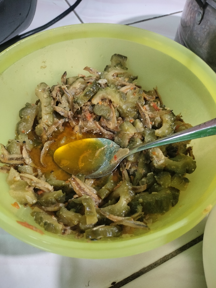 The image displays a close-up of a home-cooked meal served in a light green plastic bowl. The primary subject is a dish consisting of chopped bitter gourd (likely stir-fried) mixed with small, dried fish, which appear to be anchovies or "ikan teri" common in Indonesian cuisine. The bitter gourd pieces are dark green and have their characteristic bumpy texture visible. The small fish are slender and light brown. A significant amount of yellowish-orange, oily liquid or sauce is visible at the bottom of the bowl, with a silver spoon partially submerged in it, suggesting the dish has either been recently prepared, stirred, or is about to be consumed.
In the background, a dark object, possibly a pot or a rice cooker, is partially visible on the upper left. The surface beneath the bowl appears to be a light-colored tiled floor or table, with a dark grout line running across it, contributing to a casual, domestic setting. There is no visible text in the image. The dish is typical of local cuisine, fitting the provided location context of Jasinga, Indonesia. The time of day and weather cannot be determined from the image.