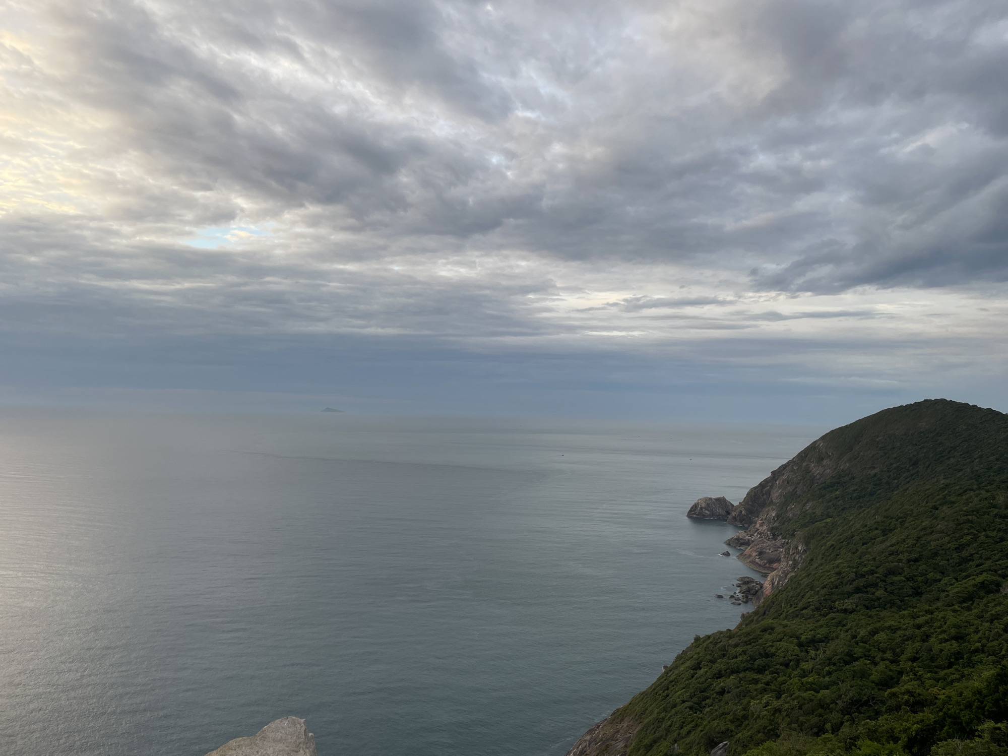 This image captures a scenic coastal landscape near Đà Nẵng, Vietnam. The foreground is dominated by a steep, densely forested hill that slopes down towards the sea. The vegetation is lush and green, indicative of a tropical or subtropical climate. The coastline is rugged, with rocky outcrops and small bays visible along the edge where the land meets the water.
The sea itself is a vast expanse of deep blue and grey water, appearing calm with gentle ripples reflecting the overcast sky. In the distance, a hazy horizon separates the sea from the sky, with a small, distant island faintly visible on the left side of the frame. The sky is filled with a dramatic display of clouds, characterized by a mix of light grey and darker, heavier formations. Patches of lighter sky, perhaps indicating the setting or rising sun, break through the cloud cover. The overall mood is serene and natural, highlighting the rugged beauty of the coastal environment. There are no people or man-made structures immediately apparent in the scene, emphasizing its natural state.