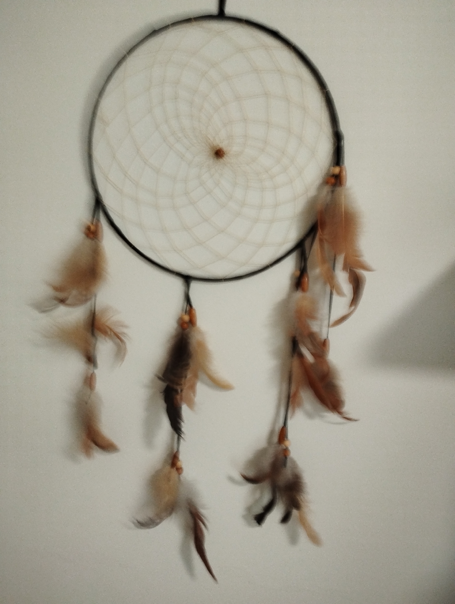A dreamcatcher hangs against a plain, light-colored wall, casting a subtle shadow. The dreamcatcher itself is circular with a dark outer rim and a white, intricately woven web pattern inside, which spirals towards a small, light brown center. From the bottom of the circular frame, several strands descend, each adorned with small, light brown beads and clusters of feathers. The feathers are mostly a light brown or tan color, with some exhibiting darker brown tips. The overall impression is one of gentle movement and a natural, handcrafted aesthetic. There is no discernible text or any other objects or people visible in the frame. The lighting appears to be soft and diffused, suggesting an indoor setting, potentially during daylight hours with indirect light. The background is uniformly textured, with no distinct features to indicate a specific location beyond a wall.