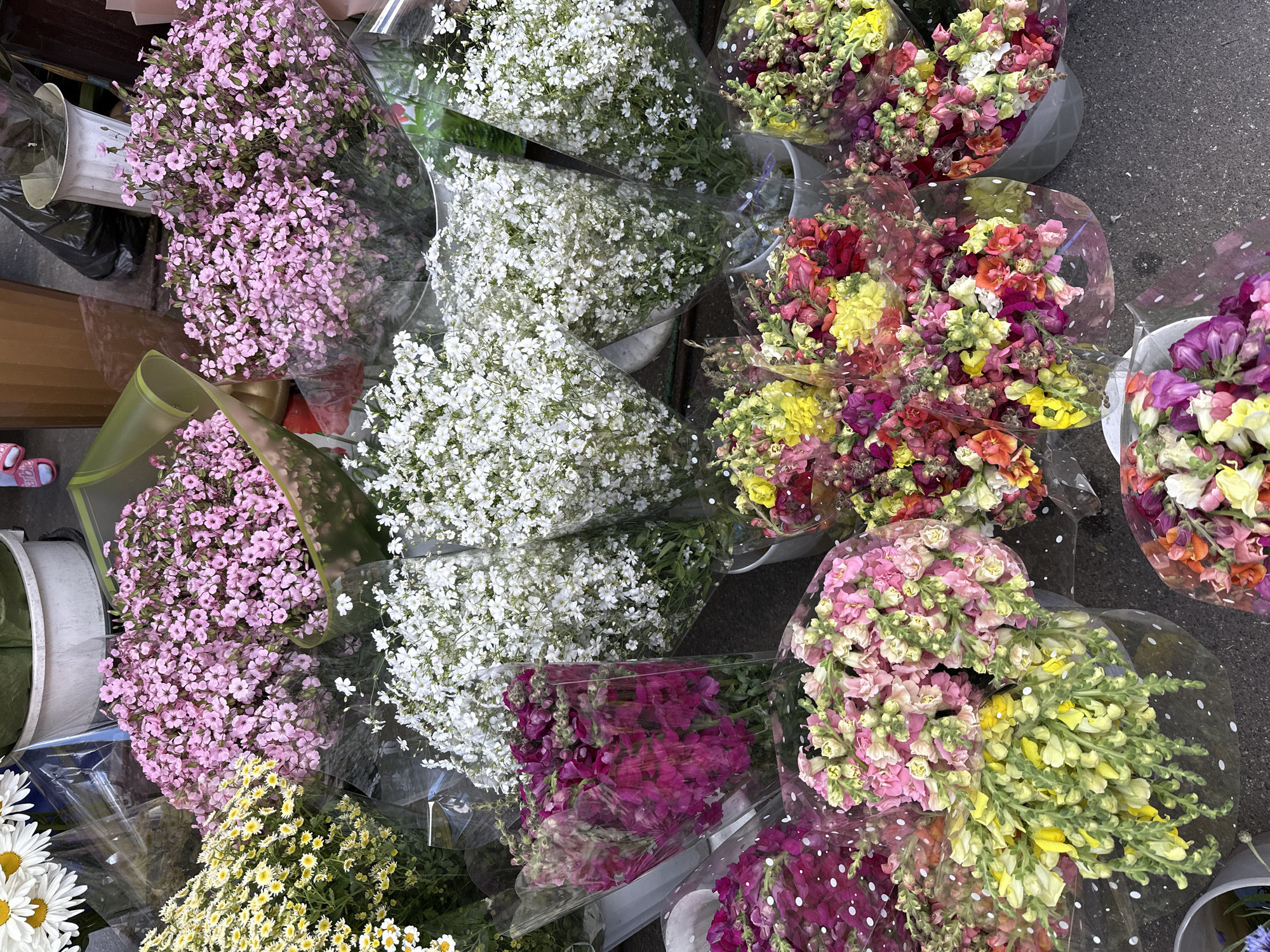A vertical, eye-level, medium shot captures a vibrant outdoor flower market in Kyiv, Ukraine. The foreground is dominated by numerous bouquets of flowers, primarily in buckets or wrapped in clear plastic. The flowers exhibit a wide spectrum of colors, including various shades of pink, white, yellow, purple, and orange. Among the discernible flower types are small, delicate pink flowers; white baby's breath; tall, spiky purple flowers; and snapdragons in yellow, pink, and red.
In the mid-ground, more bouquets are visible, some with slightly blurred edges suggesting movement or depth. Behind these floral arrangements, various containers and structures associated with a market are present, including what appears to be large white buckets, a dark plastic bag, and a beige cylindrical object. The ground is a dark, textured surface, likely asphalt or pavement.
The upper portion of the image shows a glimpse of the sky or overhead covering, with some out-of-focus elements that are not clearly identifiable. There are no discernible people or animals in the frame, and the overall impression is one of abundant floral display in a bustling, perhaps everyday, urban market setting. The lighting suggests it is daytime, with soft, diffused light.
