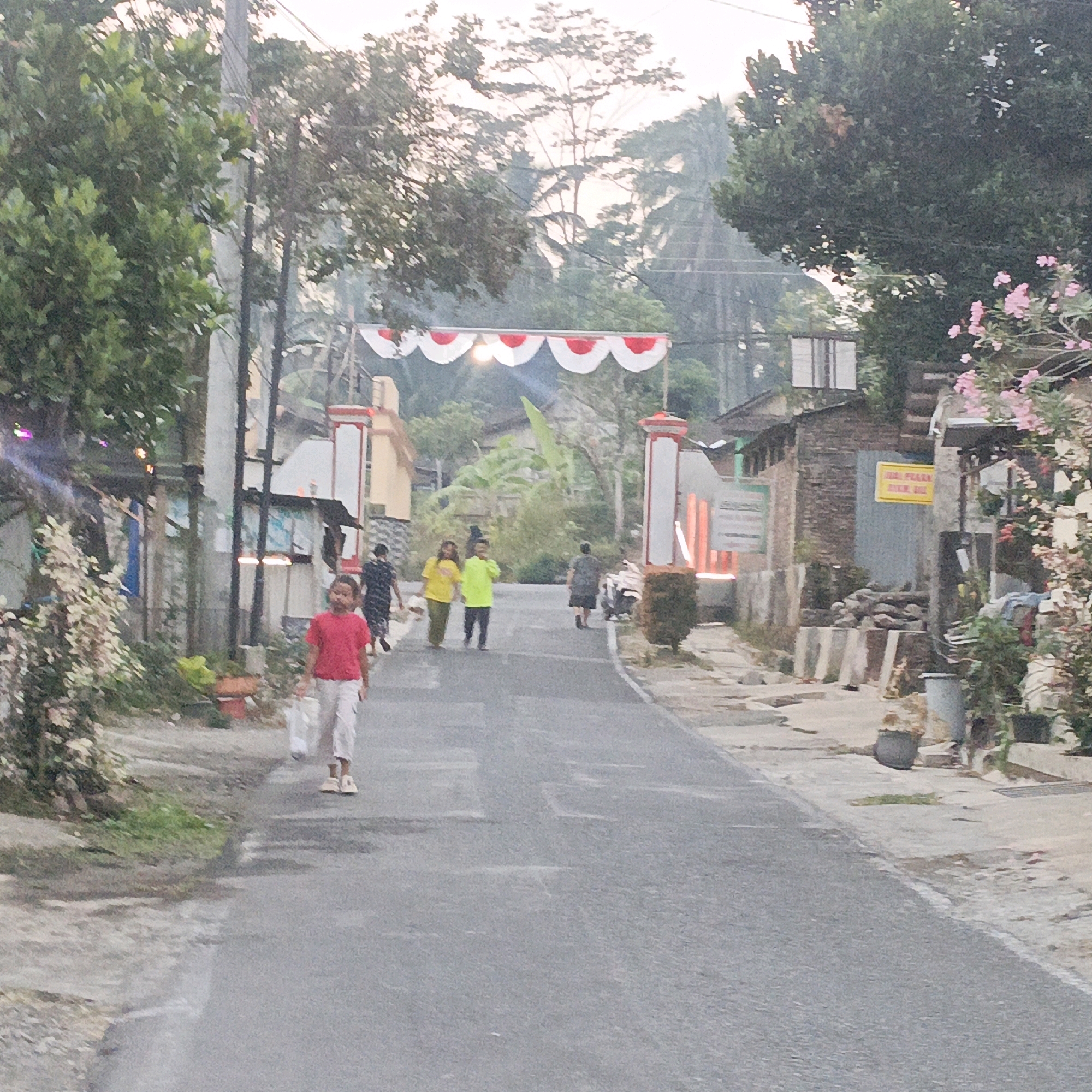 The image depicts a street scene in Salatiga, Indonesia, likely during daylight hours given the lighting conditions. The street is paved and appears to be a local road, with buildings and vegetation lining its sides. In the foreground, a young person wearing a red shirt and light-colored pants walks towards the viewer, carrying a white bag. Further down the street, several other individuals are visible, some walking and some potentially standing. One person in a yellow shirt and another in a green shirt are walking away from the viewer. A woman in a dark dress is also walking away, and a person in a patterned shirt and dark shorts is also moving away from the viewer, near what appears to be a parked scooter.
Decorative elements are present, including a banner with red and white scalloped fabric stretched across the street, supported by pillars. The buildings on either side of the street are a mix of styles, with some appearing to be shops or small residences. One building has a yellow sign with Indonesian text. Vegetation is abundant, with trees and bushes visible throughout the scene, including a flowering plant with pink blossoms on the right side of the image. The overall atmosphere suggests a relaxed, everyday environment in a semi-urban or suburban area.