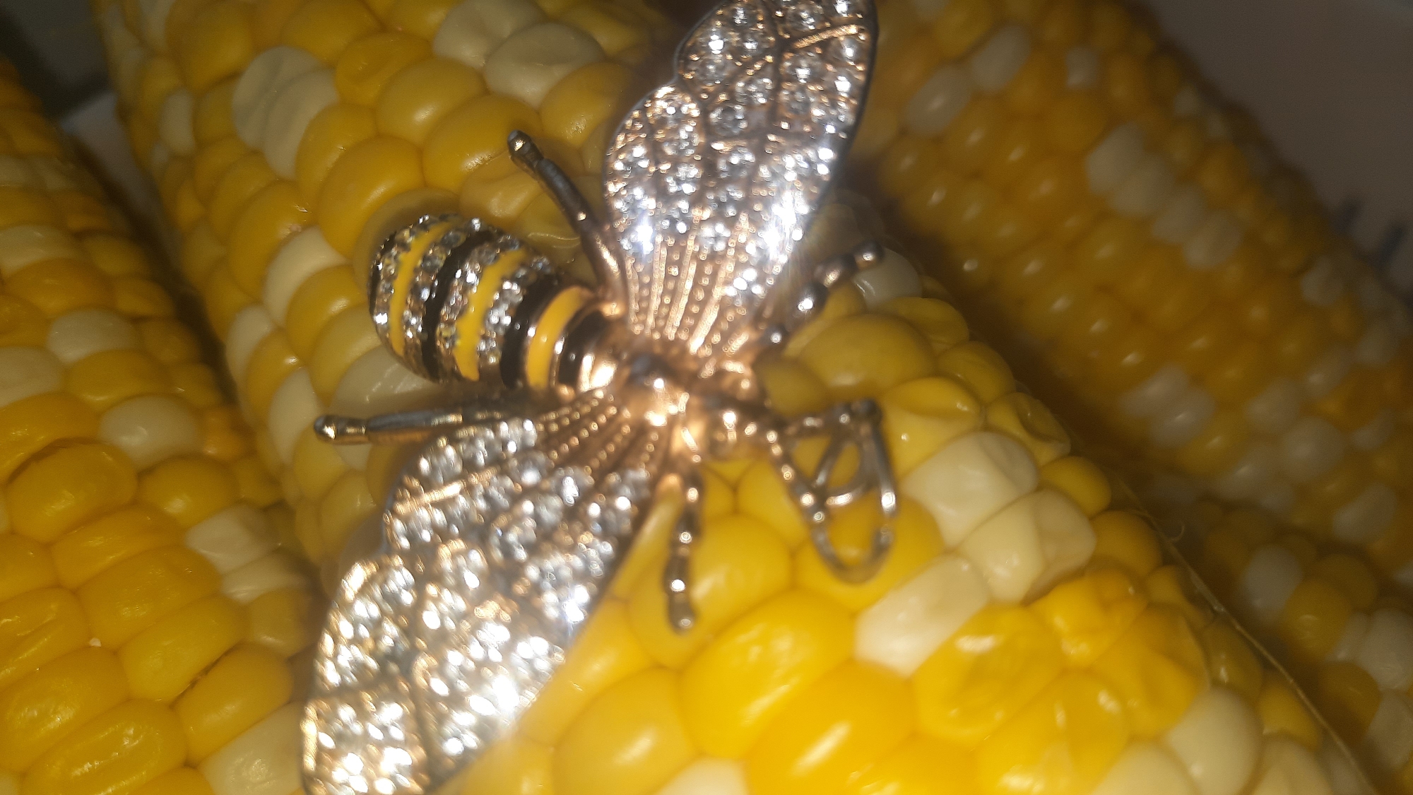 The image shows a close-up view of corn on the cob. A decorative bee brooch, adorned with clear rhinestones, is placed on top of the corn. The corn is yellow and white, indicating it might be a bicolor variety. The brooch is detailed, with discernible wings and body segments, and it appears to be made of a metallic material, possibly gold-toned, with black and yellow accents on its abdomen. The lighting in the image is somewhat harsh, creating reflections on the shiny surfaces of the brooch and the corn kernels. There are at least two cobs of corn visible, with the brooch resting on the foremost one. The background is blurred and dark, suggesting a close-up shot taken in a controlled environment. There is no indication of any specific location within the city of Шклоў, Belarus, or any people present in the scene.