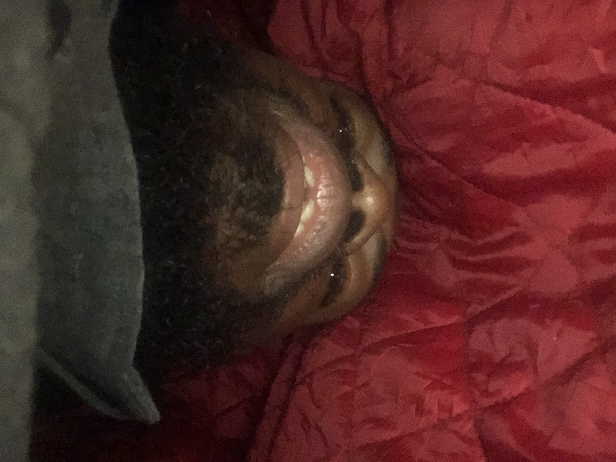 An extreme close-up, low-angle shot captures a person's face from below, emerging from a red quilted fabric. The individual, who appears to be a Black male with a full beard, is looking upwards towards the camera. His mouth is slightly open, revealing teeth, and his eyes are visible, with a glint of light reflecting in the left one. The red fabric creates a draped and textured background, suggesting an indoor setting, possibly a bedroom or a cozy confined space. The lower portion of the image shows a grey, soft material, likely a pillow or blanket, partially obscuring the person's face. The overall impression is intimate and perhaps taken in a moment of rest or surprise. The location in Ikeja, Nigeria is not discernible from the image itself.