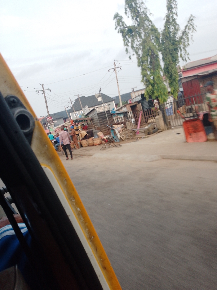 An outdoor scene presents a bustling market area. Buildings, some with metal sheet walls, line the street, complemented by utility poles and trees. People are visible, some walking, and goods are displayed in baskets. The view is captured from inside a vehicle, evidenced by a partial view of its interior. The scene is bathed in daylight under a cloudy sky.