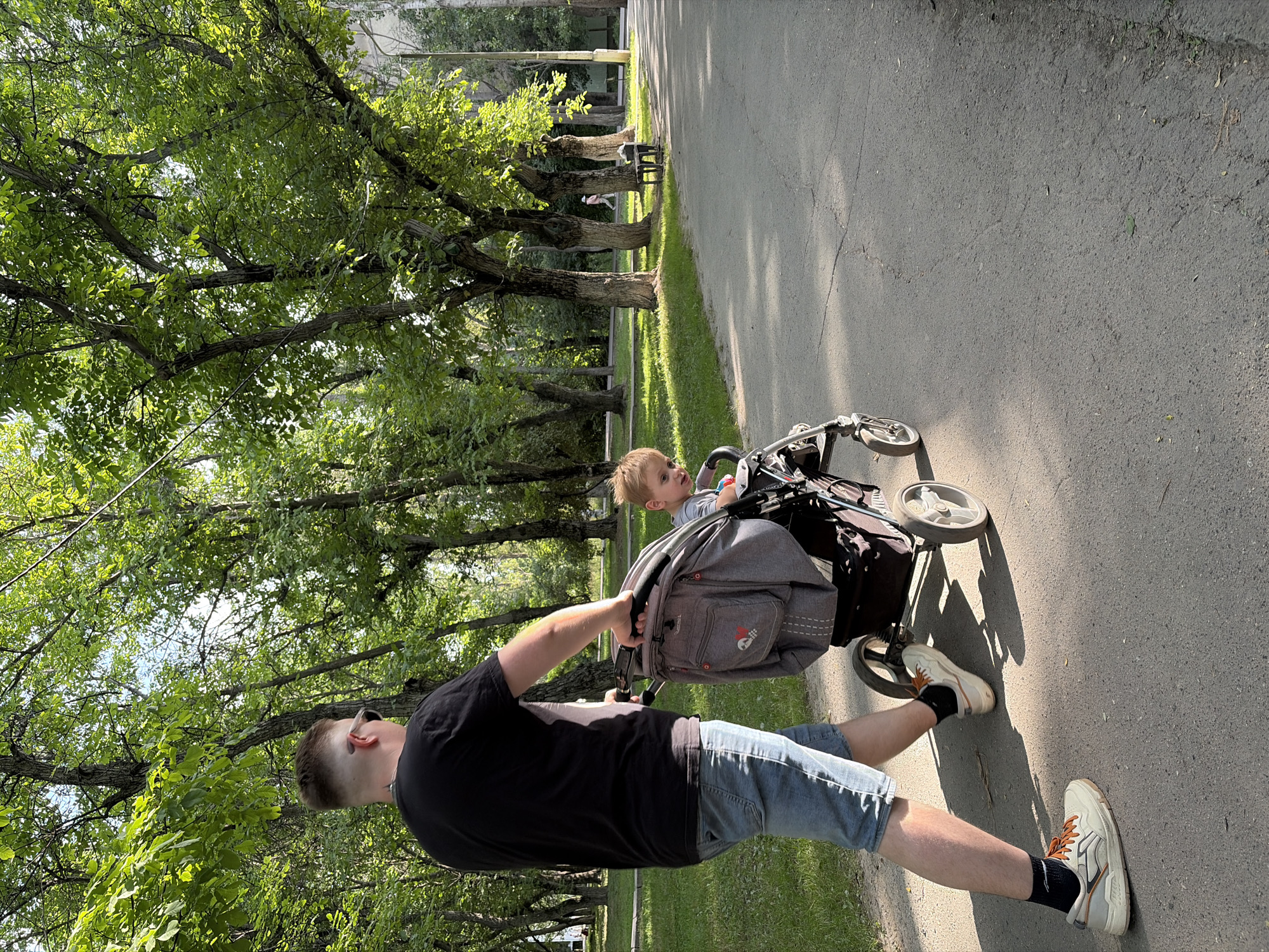A person, viewed from behind, pushes a stroller with a child in it along a paved path in a park. The person is wearing a black t-shirt, denim shorts, and white sneakers with orange accents. The stroller is gray and appears to be made of fabric and metal. The child, a young boy with blonde hair, is looking towards the viewer. The path is bordered by a grassy area with trees on the left and a sidewalk with more trees on the right. The trees are lush with green leaves, indicating it is likely summer. Sunlight filters through the leaves, creating dappled shadows on the path. In the background, there are more trees, a building, and a bench. The overall scene depicts a pleasant day in a park.