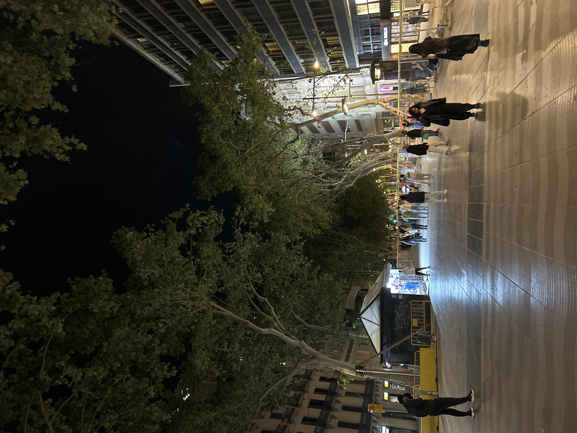 The image captures a nighttime scene in Barcelona, Spain. A wide, pedestrian-only promenade stretches into the distance, lined with trees on one side. Buildings flank both sides of the walkway. Several people are walking along the promenade, their dark silhouettes indicating the time of day. A small kiosk or stall with bright lighting sits along the walkway. The ground is paved with rectangular slabs, creating a lined pattern. Trees with full foliage fill the left portion of the frame, contrasting with the dark night sky visible between the leaves. A person dressed in dark clothing is seen at the bottom of the frame, seemingly taking a photo with a mobile device.