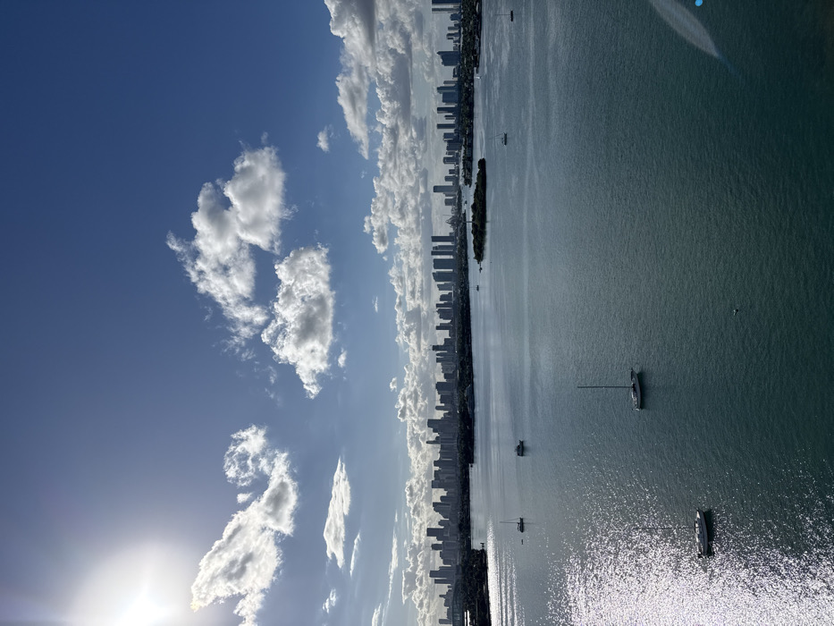 A daytime aerial view showcases a city skyline alongside a body of water. The sky, predominantly blue, features scattered clouds that add texture. The water reflects sunlight, creating a shimmering effect, and contains several boats. The city's architecture is visible in detail, contrasting with the natural elements of the water and sky.
