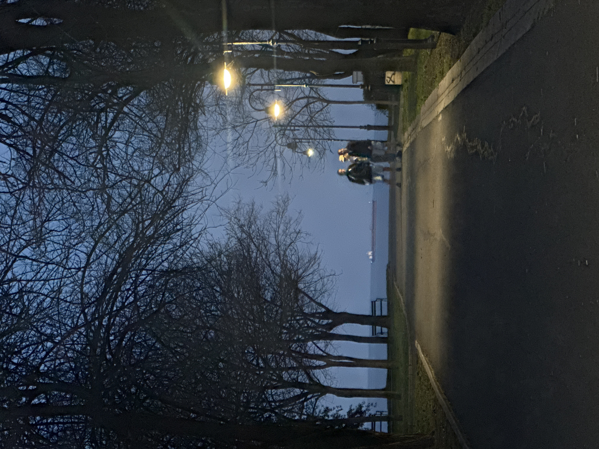 The image captures a twilight scene along a paved walkway in Burgas, Bulgaria. Bare trees line both sides of the path, their branches intertwined overhead. Streetlights illuminate the walkway at intervals. Two individuals are walking along the path in the distance. The Burgas Sea is visible in the background.