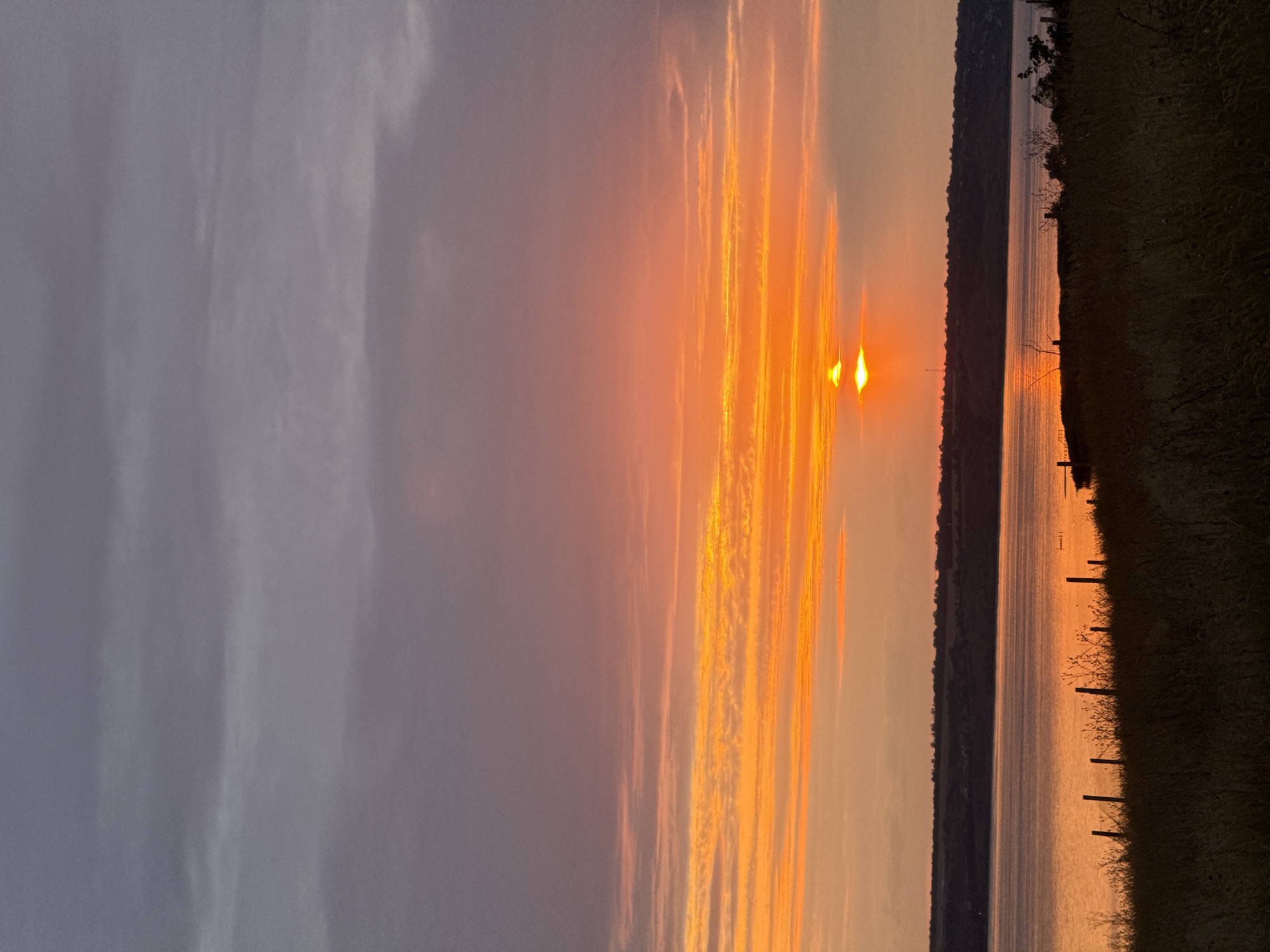 This is a vertical, eye-level, medium shot of a sunset over a body of water. The sky is filled with hues of orange, pink, and purple, with streaks of yellow as the sun sets near the horizon. The sun itself is a bright orange orb, partially obscured by a thin cloud. The water reflects the colors of the sky. In the foreground, dry grass and fence posts are silhouetted against the bright sky and water. The background features a dark, rolling landscape of hills. The scene appears to be a natural landscape, potentially near Protopopivka, Ukraine, given the information provided. There are no people or discernible objects in action.