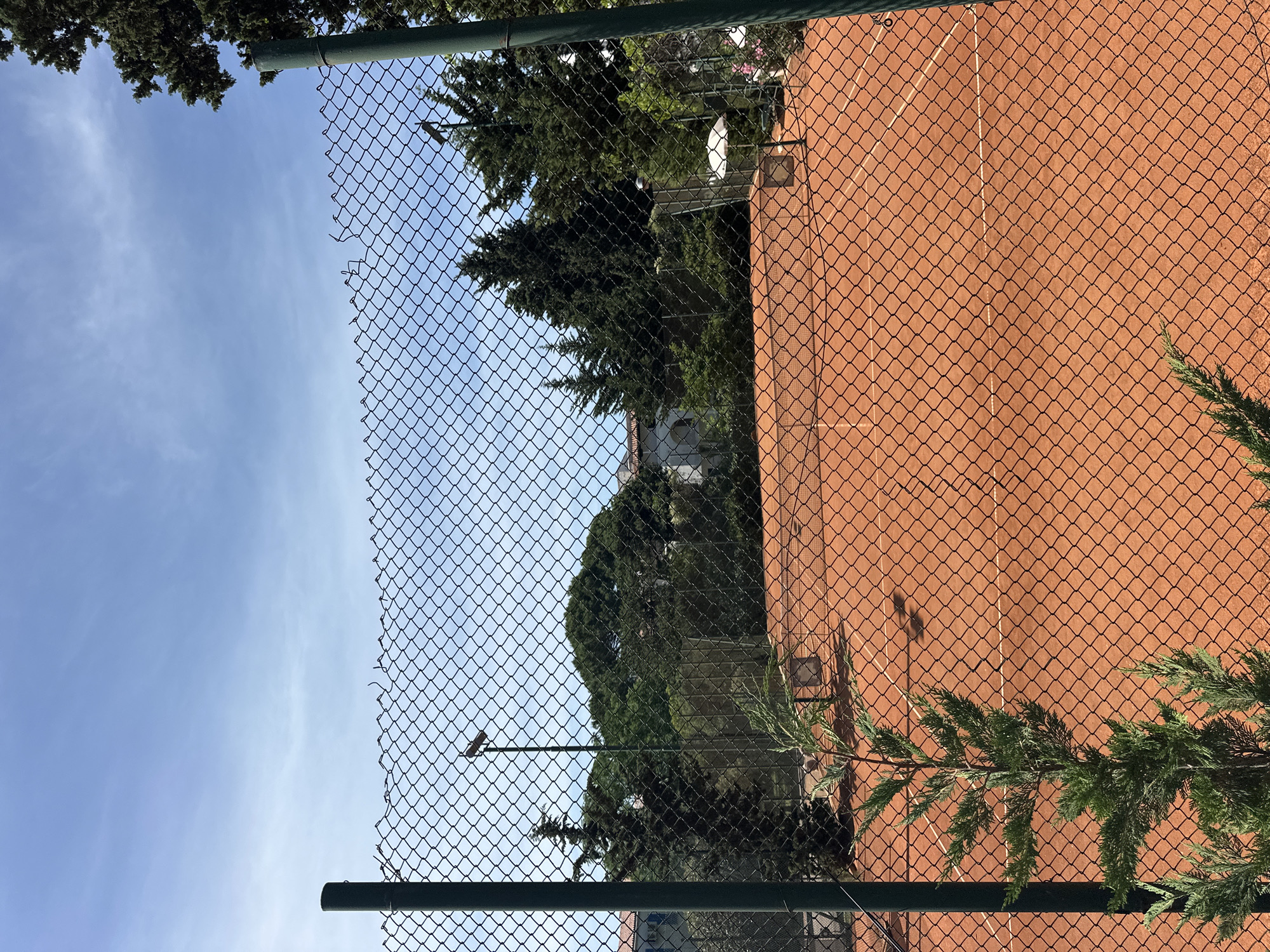 The image shows a tennis court behind a chain-link fence, viewed from a low angle, potentially in Budva, Montenegro. The tennis court is a red clay surface with visible white lines marking the boundaries. The fence partially obscures the view of the court and the trees and building beyond. The sky is visible on the left side of the frame, suggesting a sunny day. The branches of a tree are visible along the right side and top of the image. A light pole can also be seen.