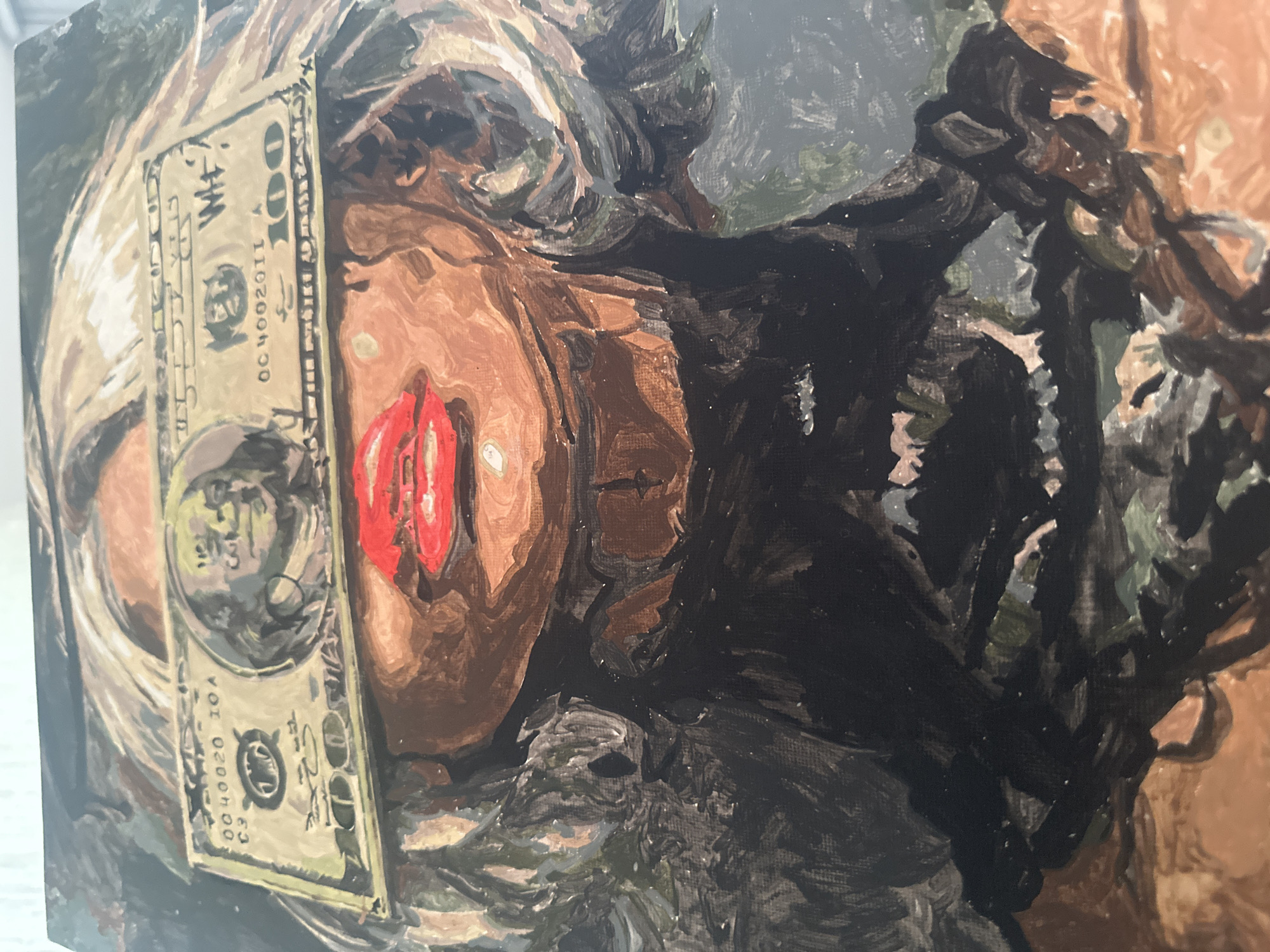 The image is a painting depicting a person's face with a $100 bill covering part of it. The person has red lips, and their face is painted in shades of brown. Their hair is light-colored, and there's a dark, undefined area to the right of the face. The bill is slightly angled and covers part of the person's cheek. The image appears to be a close-up of the painting. The location in the city of Высокий, Russia is unknown.