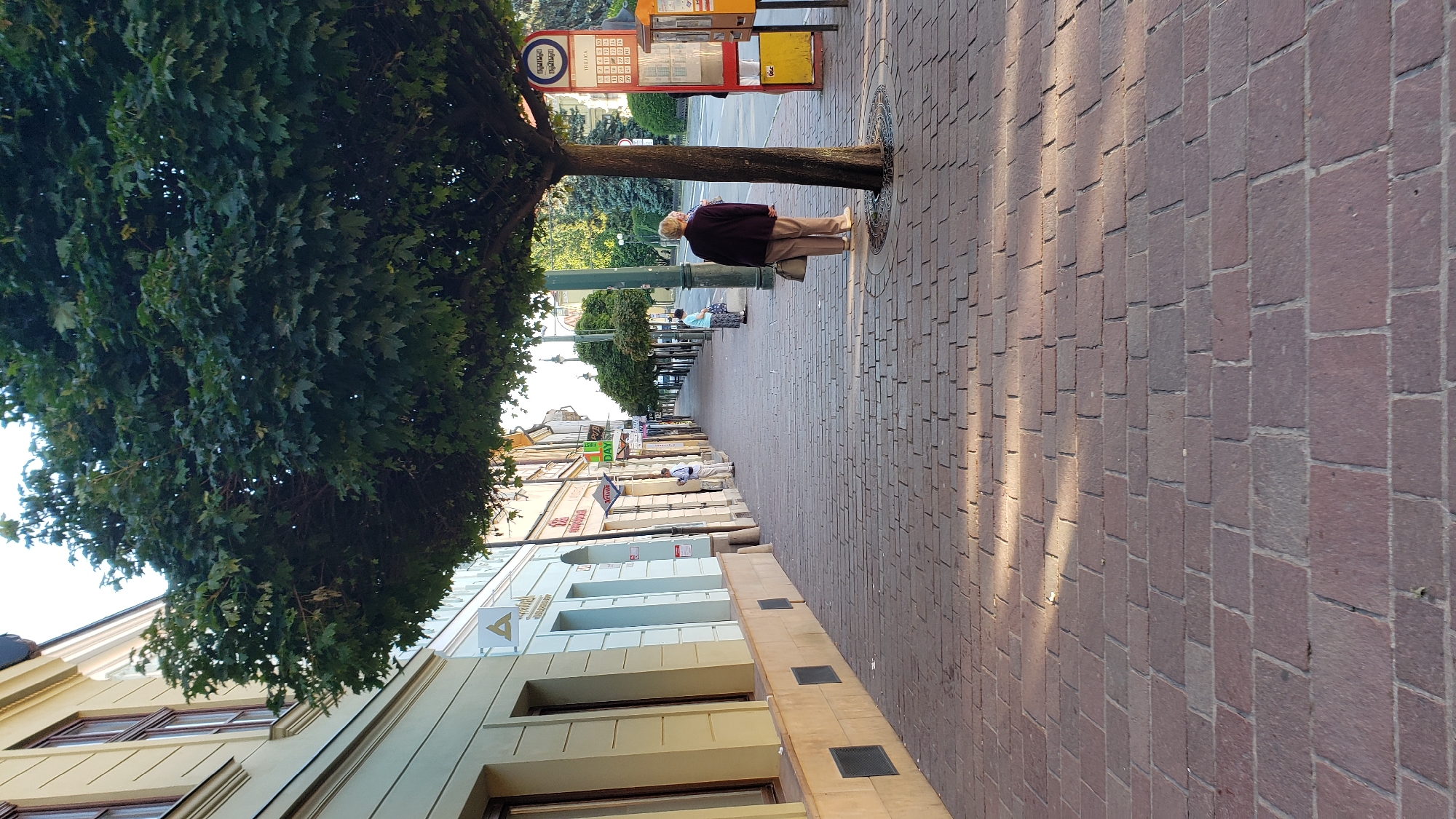 The image depicts a tree-lined sidewalk with brick paving stones in the city of Prešov, Slovakia. A large tree with dense foliage casts shadows across the walkway. On the right side of the image, a bus stop shelter and a yellow and orange information kiosk are visible. Two individuals are present: a woman with blonde hair, wearing a dark jacket and beige pants, stands near the bus stop, and another person, also appearing to be a woman, is further down the sidewalk, wearing a light-colored dress and carrying a bag. Buildings with various storefronts line the left side of the street. The lighting suggests it is late afternoon or early morning.