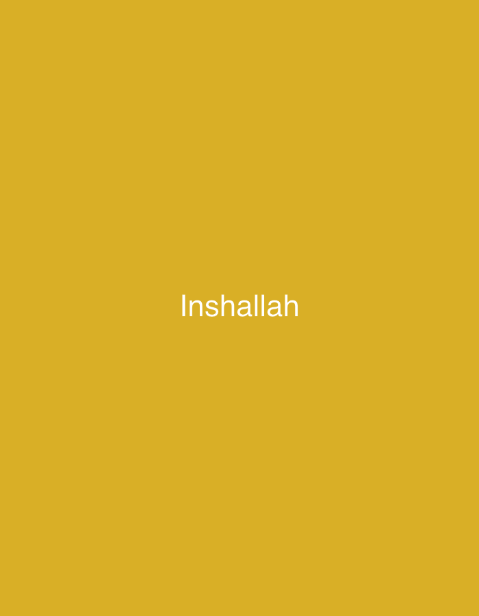 The scene, located in the city of Tangier, Morocco, is a digital graphic featuring a solid mustard yellow background. Centrally displayed on this background is the word 'Inshallah' in white, sans-serif text. No other subjects, objects, people, actions, interactions, or specific environmental details are discernible within the image.