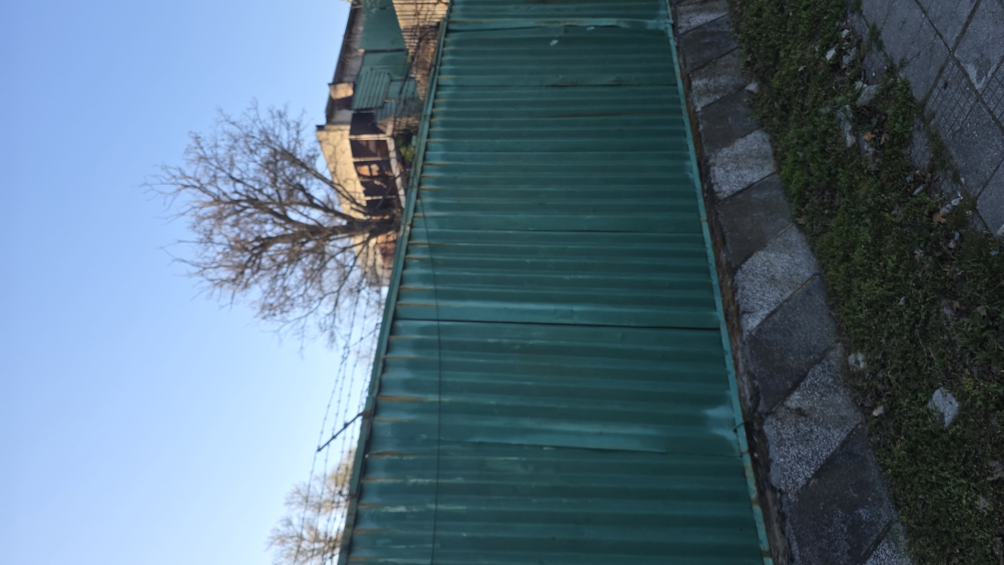 The image depicts a section of corrugated metal wall, likely a fence or building exterior, in Blagoevgrad, Bulgaria. Adjacent to the wall is a sidewalk of gray paving stones, bordered by moss and vegetation. Above the wall, a bare tree is visible against a clear blue sky. A building stands in the background behind the tree. Barb wire is present near the top of the metal wall.