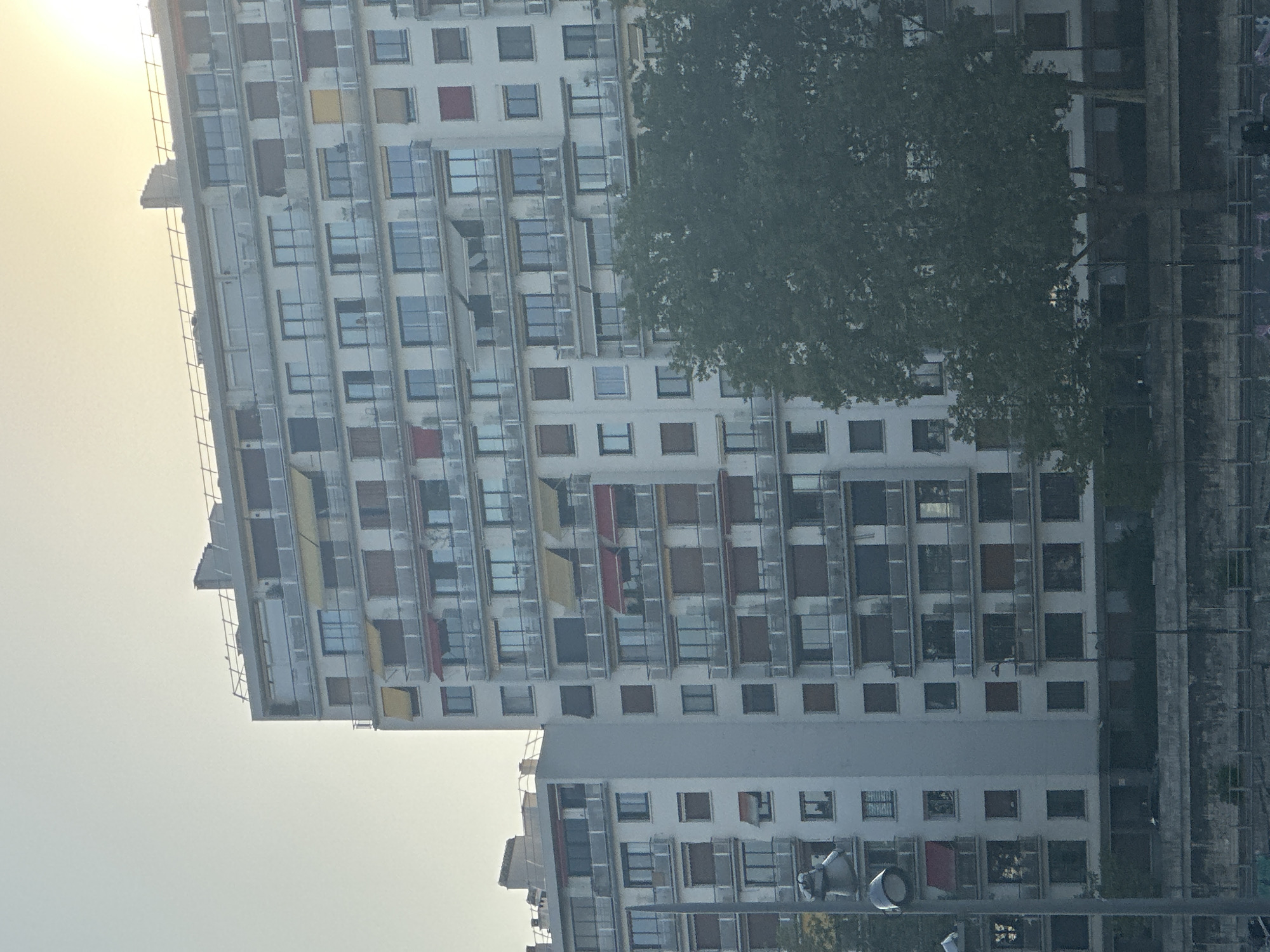 The image shows a modern apartment building in Paris, France, located on the Quai de la Rapée. The building is tall and features a facade with many windows and balconies. Some of the balconies have retractable awnings in red and yellow. In front of the building, there is a large tree with green foliage. The sky is light and hazy, suggesting it might be sunrise or sunset. The lower part of the image shows a grey concrete structure, likely a retaining wall or barrier, and some fencing. There are streetlights visible on the left side of the frame. The overall scene depicts an urban residential area.