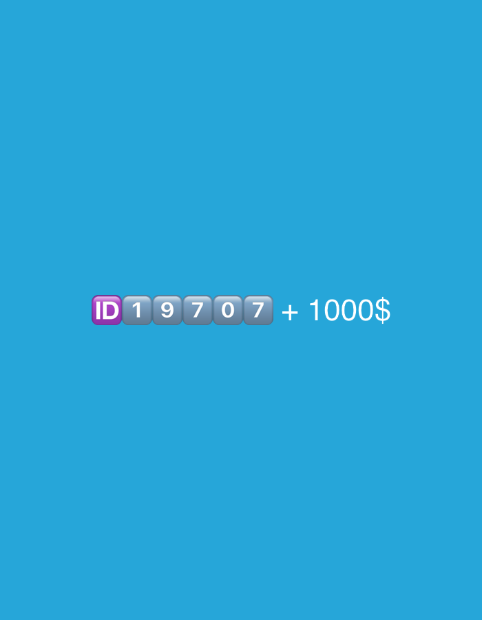 The image displays a solid bright blue background. Centered horizontally in the lower portion of the frame is a sequence of text and numbers. On the left, the letters "ID" are displayed within a purple rectangular box. Following "ID" are the numbers "1", "9", "7", "0", and "7" each enclosed in individual gray rectangular boxes, suggesting a numerical identifier. To the right of these numbers, a plus sign "+" is shown, followed by the number "1000" within a white rectangular box. Finally, a dollar sign "$" is positioned to the right of the "1000", indicating a monetary value. The overall presentation is simple and lacks any discernible objects, people, or specific setting details beyond the colored background and the text. There are no indications of time of day, weather, or location cues. The emotions conveyed are neutral due to the abstract nature of the content.