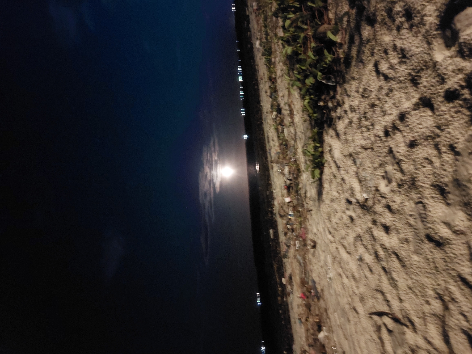 A nighttime view shows the Indian Ocean reflecting moonlight. The dark body of water occupies the left portion of the frame, and in the center of the view is the reflection of moonlight on the water. A line of city lights are visible on the horizon, suggesting a distant shoreline. The right side of the image features a dark, textured terrain that may be a beach or rocky shoreline. Some plant life is visible on this shore. Given the presence of the Indian Ocean and city lights, the location is likely near the coast of Dar es-Salaam, Tanzania, as the city is a coastal port along the Indian Ocean. Due to the low image quality, there are no discernible individuals or distinct objects besides the mentioned features.