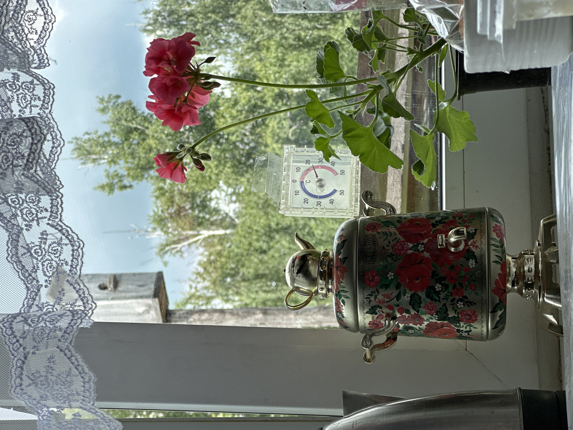 An outdoor scene is viewed through a window with a white lace curtain draped across the top. In the foreground, on a windowsill, is a vintage samovar decorated with red and pink floral patterns. To the right of the samovar is a potted geranium plant with vibrant pink flowers, and a transparent thermometer displaying a temperature reading of approximately 23 degrees Celsius. A stainless steel kettle is partially visible to the left of the samovar. Outside the window, green trees and a cloudy sky are visible, along with a birdhouse mounted on a pole. The overall scene suggests a domestic setting.