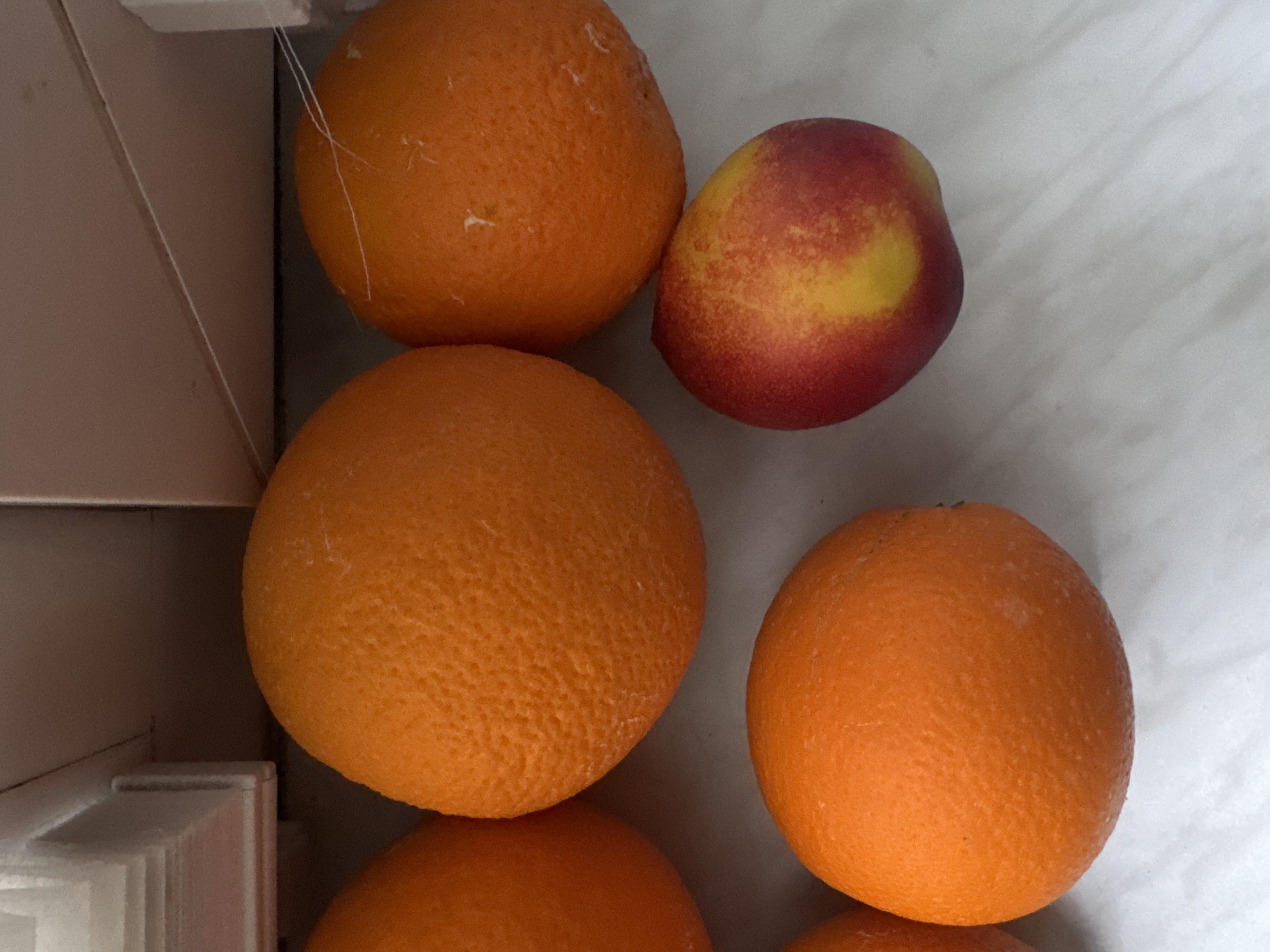 The image shows a collection of fruits. There are four oranges and one nectarine. The fruits are located next to what appears to be part of a white shelf. The setting is indoors and the lighting is even. There are no people visible in the frame. There are no other objects or actions explicitly portrayed. Information about the location in Saint Petersburg, Russia is unavailable.