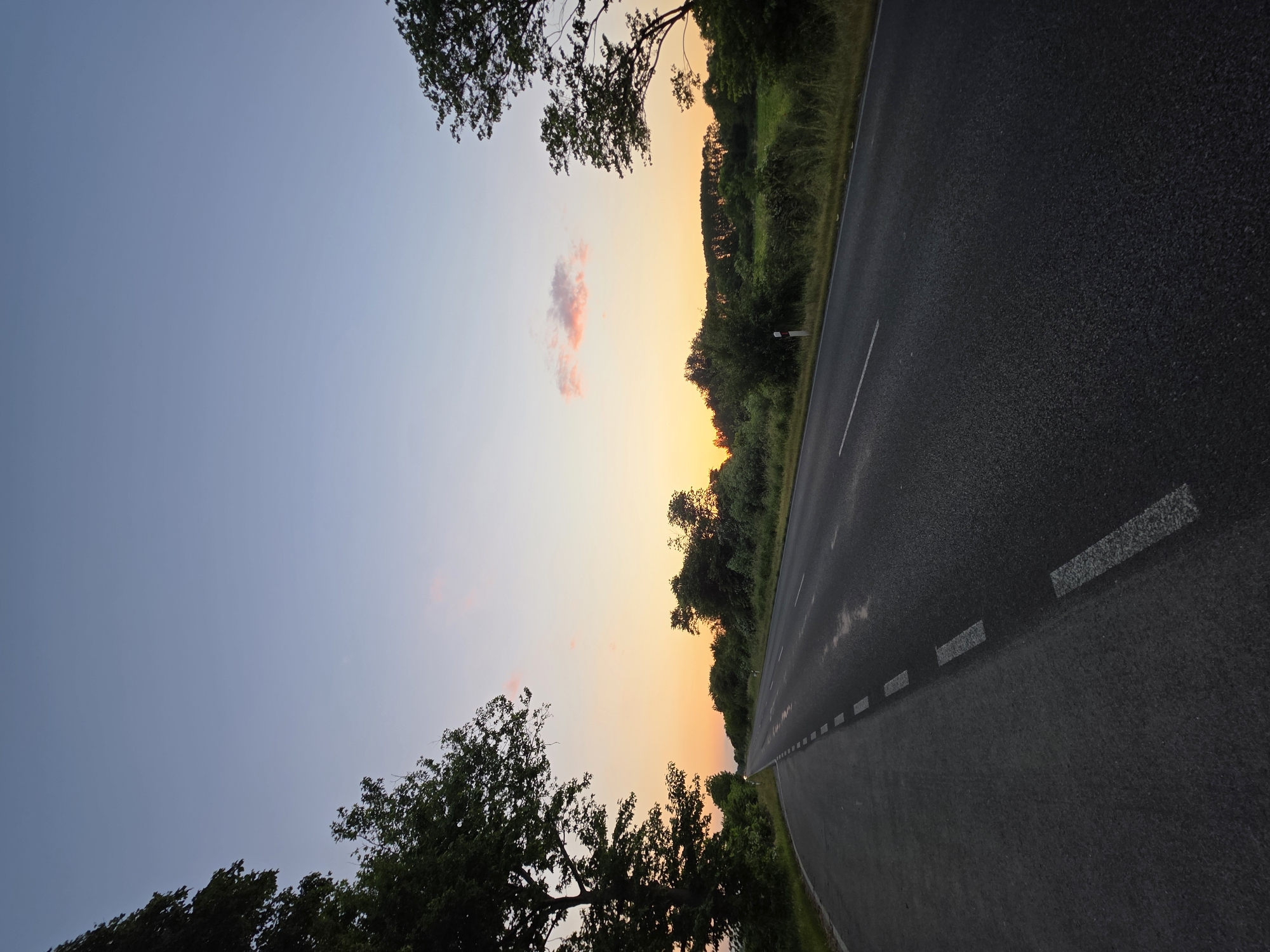 A view of a road at Cheshnegirovo, Bulgaria, at dusk or dawn. The asphalt road has white dashed lines marking lanes or edges. Trees line both sides of the road. The sky transitions from blue to orange, indicating a sunset or sunrise. A small, isolated cloud is visible in the sky.