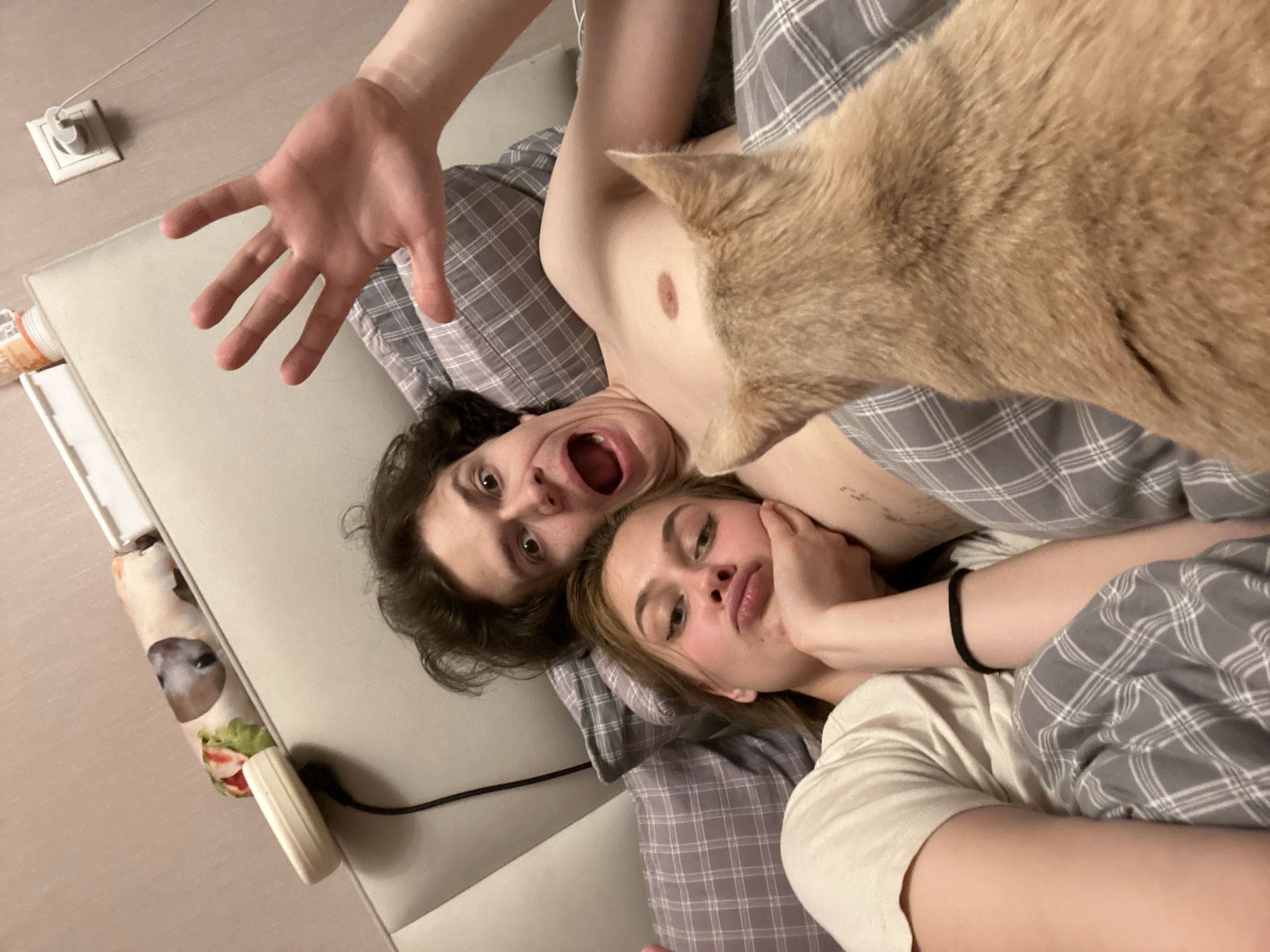 A selfie-style, close-up photograph shows a man and a woman lying on a bed with gray plaid bedding. An orange cat is in the foreground obscuring some of the scene. The man, with dark curly hair and an open mouth, is positioned above the woman. His right hand is extended towards the camera. The woman is beneath him, her right hand on her face. The indoor setting shows a section of wall with an electrical outlet. Part of a patterned roll, possibly a pillow or blanket, is visible near the edge of the bed. The location cannot be determined.
