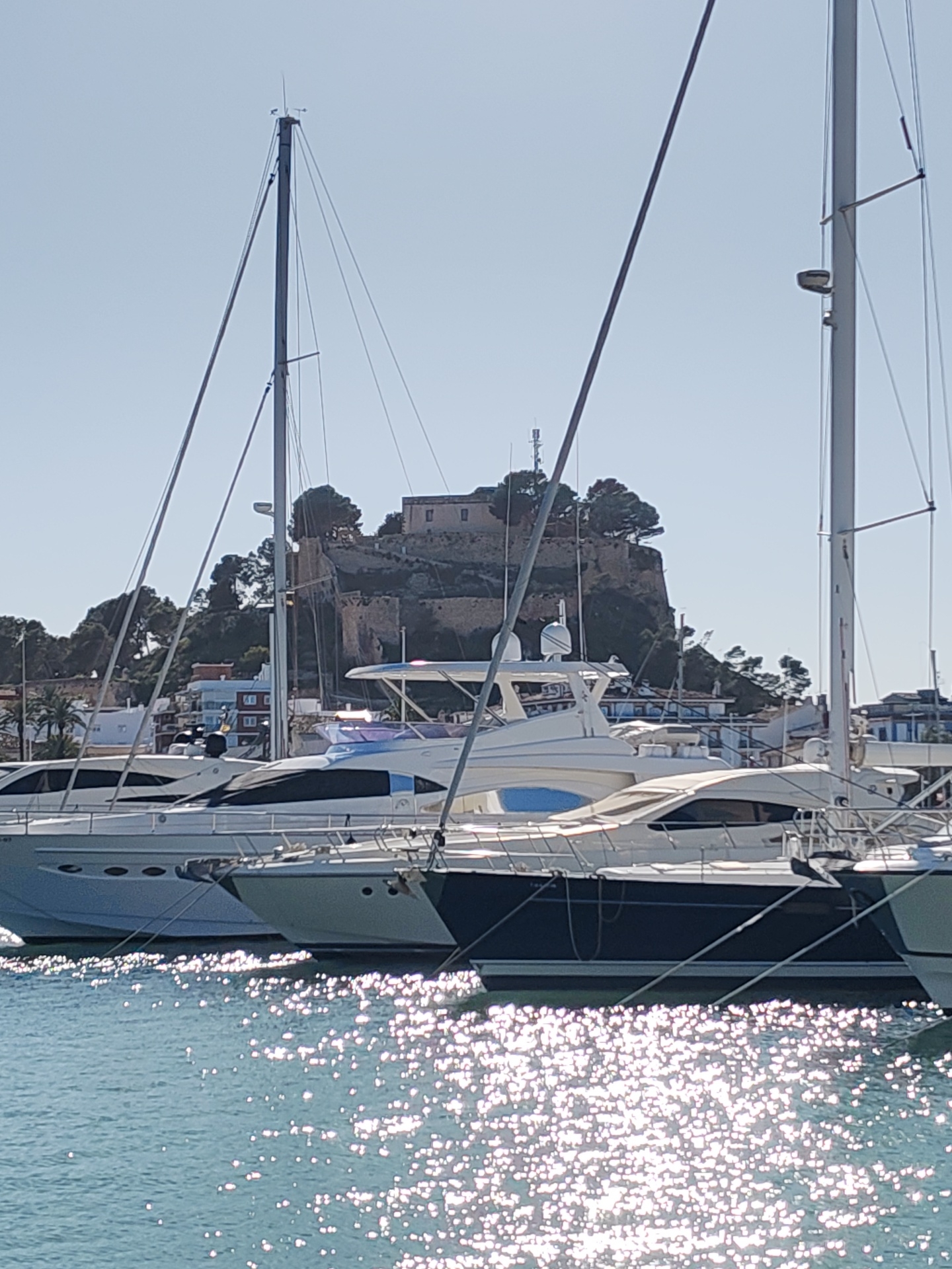 The image depicts a marina scene in Dénia, Spain. Several yachts, primarily white with blue accents, are docked side-by-side, their masts reaching high into the clear blue sky. Water reflects sunlight, creating a shimmering effect across the foreground. In the background, a castle perched atop a hill overlooks the marina, with buildings and trees interspersed along the slope. No people are visible.