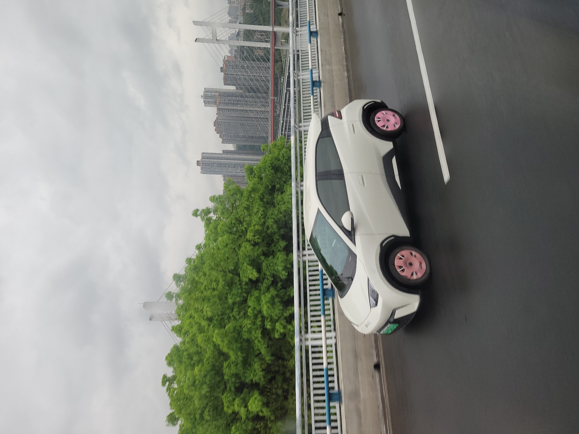 A white car with pink wheels is parked on a bridge in the Liangjiang New Area of Chongqing, China. The bridge has white and blue railings. To the left of the car is a dense green tree line. In the background are tall buildings and a cable-stayed bridge. The sky is overcast.